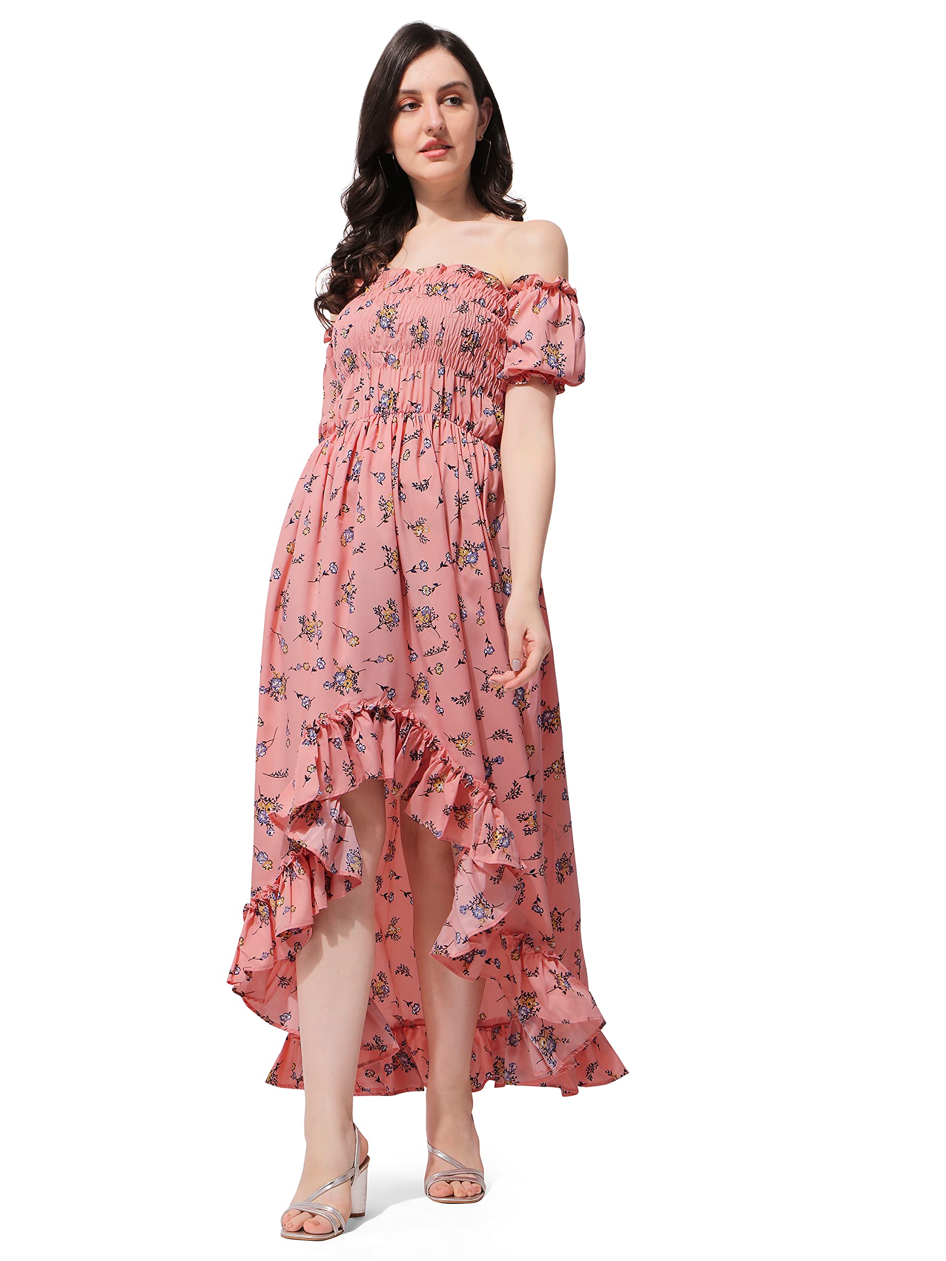 Oomph! Flared Dress For Women Stylish | Long One Piece For Women | Off Shoulder Puff Sleeve Long Dress | Floral Print Maxi One Piece | Western & Fusion Wear Bohemian Style