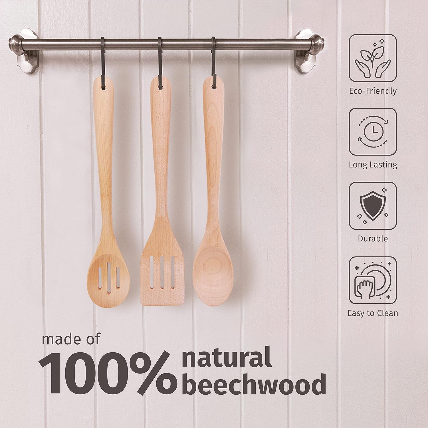 PrintSupremacy Beechwood Personalized Kitchen Utensils, Non Stick Wooden Kitchen Gadget Pan Cookware, Cook Gift Set for Holidays, Engraved Kitchen Stuff (Custom, 3 pcs)