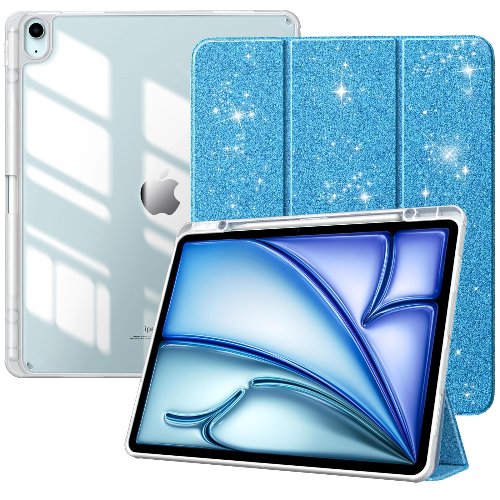 TiMOVO Custodia per Nuovo iPad Air 13 Pollici (M3/M2-2025/2024) con Portapenne, Cover Protettiva per iPad Air 13 con Supporto Pieghevole & Retro Trasparente, Auto Sveglia/Sonno, Glitter Blu
