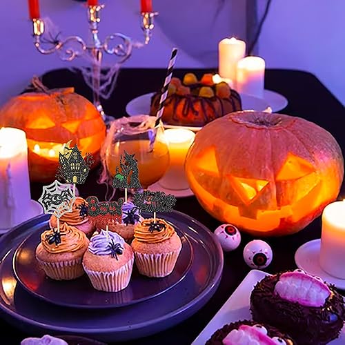Miniatura 5 de Paquete de 24 adornos para cupcakes de Halloween, lápidas con purpurina, araña, abucheo, fantasma, bruja, magdalenas, calavera, murciélago,