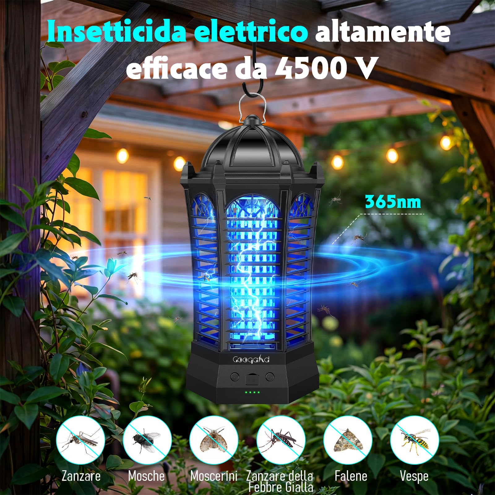 Luce LED con insetticida elettrico, 4500 V, trappola per zanzare, impermeabile IPX4, lampada anti-zanzare, per interni ed esterni