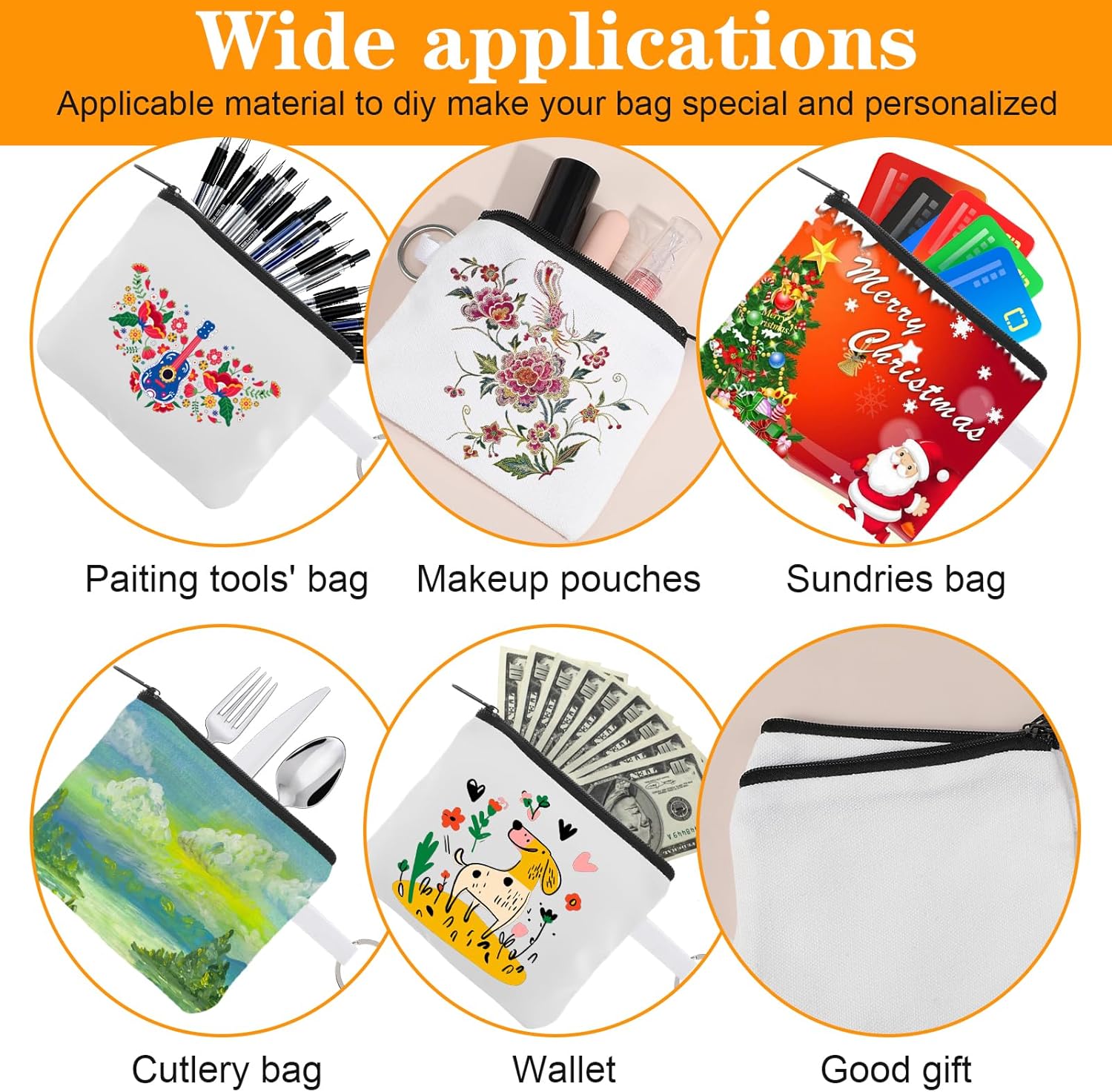 Tobeelec 30 Pcs Sublimation Blank Small Coin Canvas Makeup Bags Bulk Cosmetic DIY Craft Pouch with Zipper Coin Purse Pencil Pouch Travel Toiletry Organizer (White) - Image 6