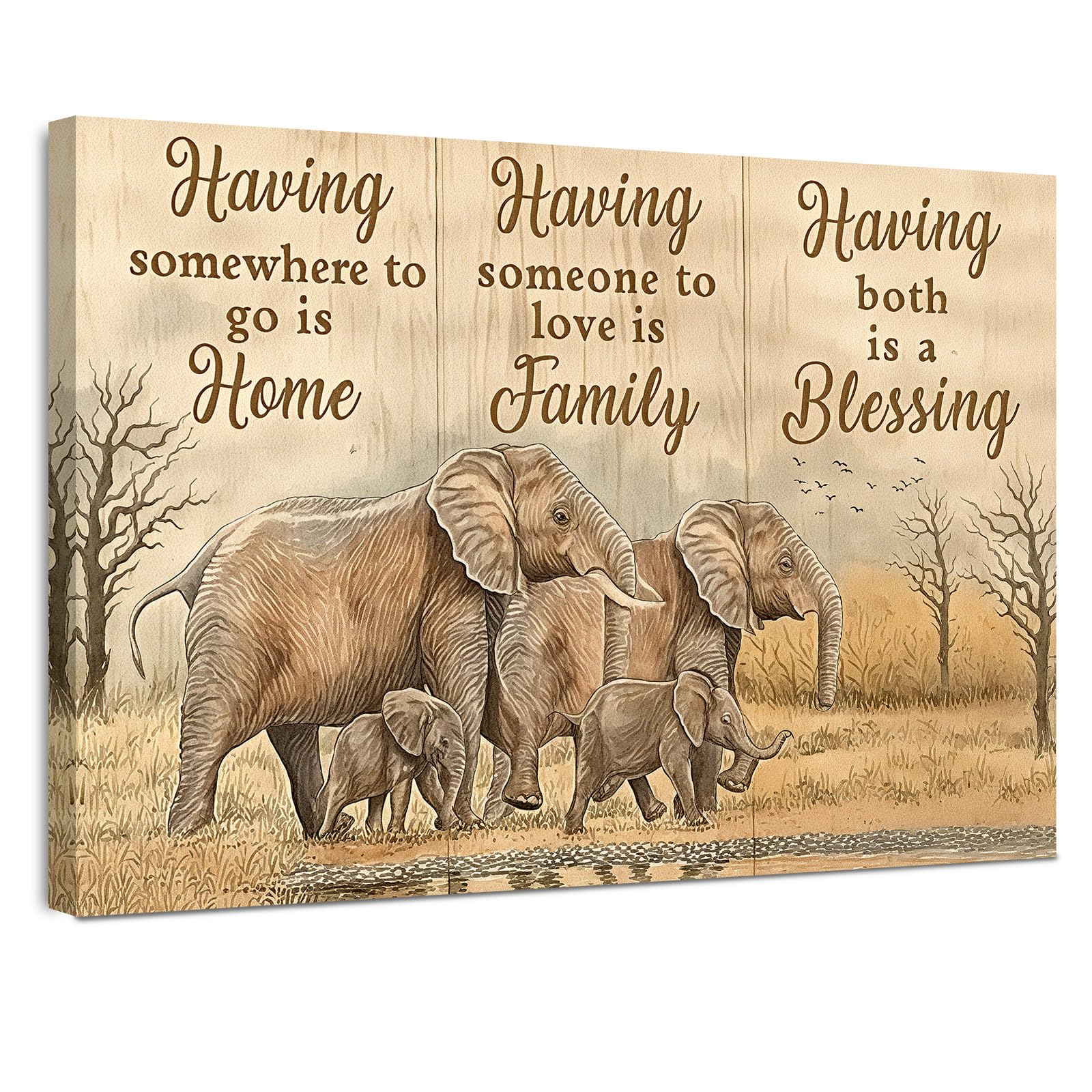 Vintage Wandbild mit Rahmen 30×40 cm – der Elefant Familie Leinwandbild für Wohnzimmer Schlafzimmer Küche Büro – Inspirierende Bilder inkl. Haken, Nägel & Magischer Klettbefestigung (ZSH08, 30×40 cm)