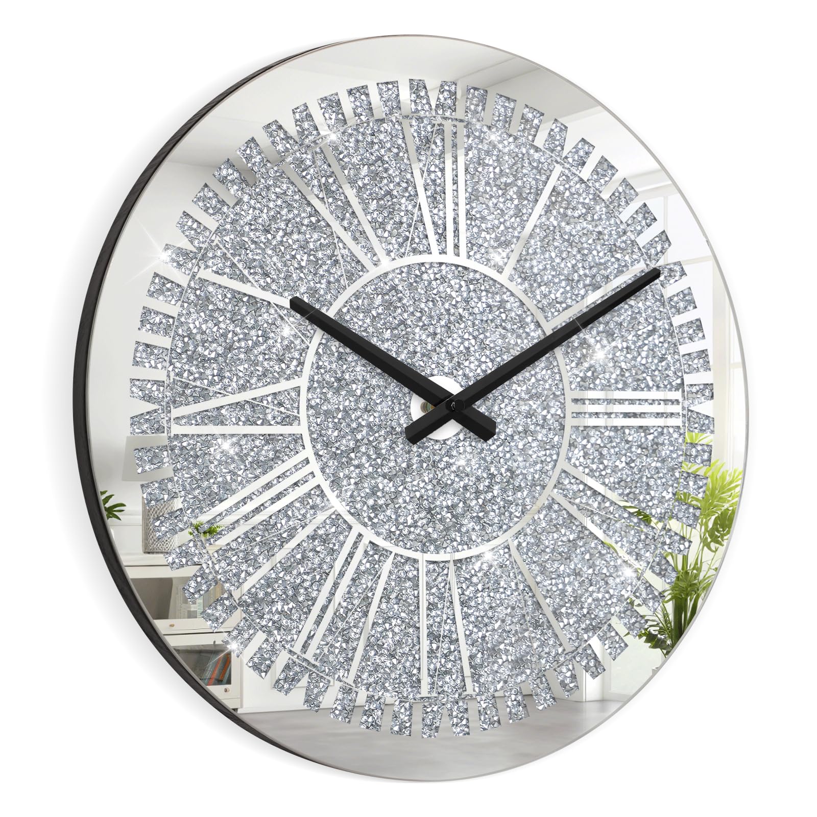 Wall Clock Decorative Large Silver Mirror Clocks Crystal Crushed Diamond Round Clocks Sparkle Twinkle Bling Modern Wall Clocks for Home Decor