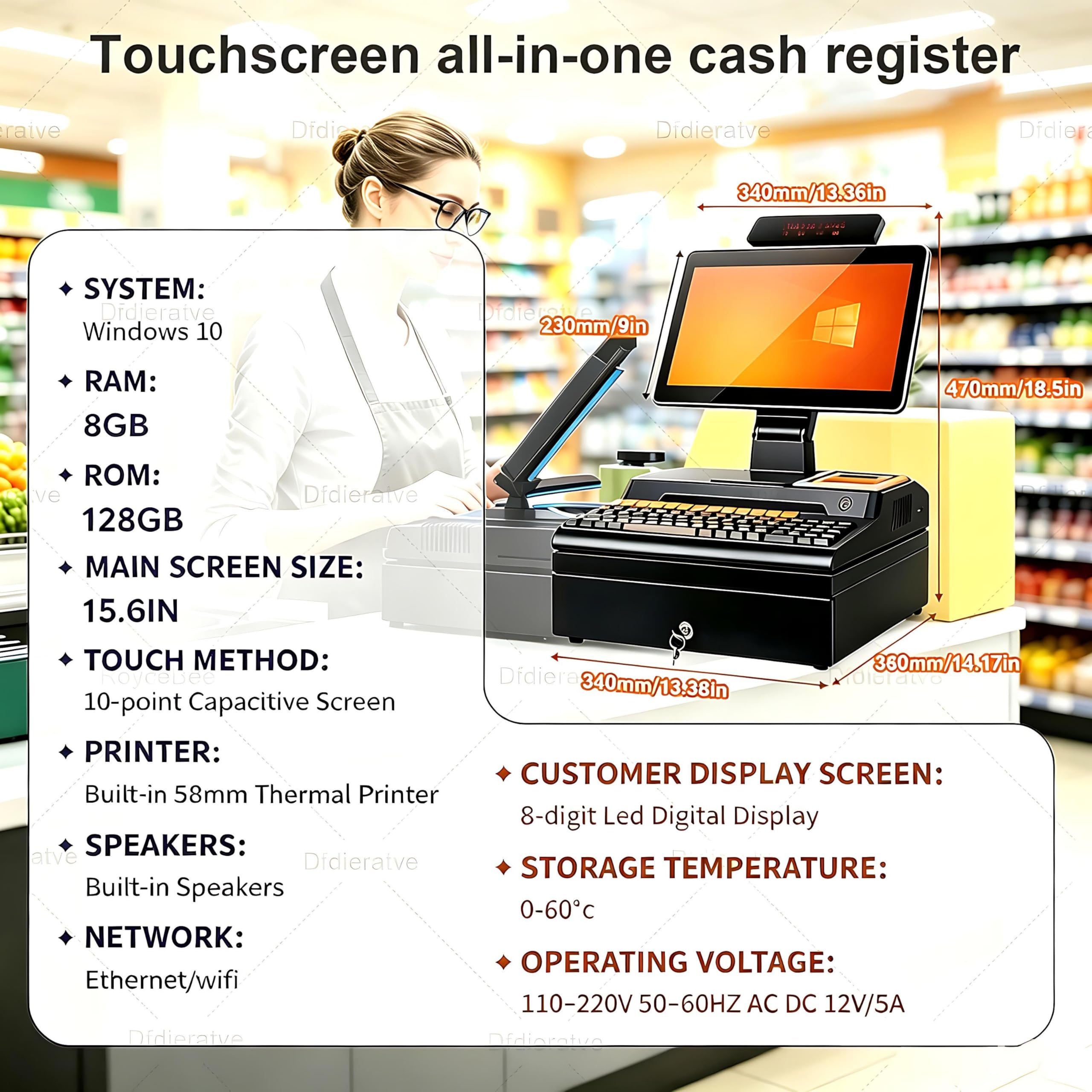 Caisse Enregistreuse Intelligente,Caisse Enregistreuse Tactile Tout, Tout-en-Un Design + 15,6" Écran Tactile LCD,Scanner + Imprimante de reçu,4G+128Go + Connexion Wi-FI Double Orange