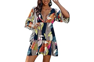 Women's Swimsuit Cover Ups Dress V Neck Casual Tunic Bathing Suit Beach Mini Dress S-3XL