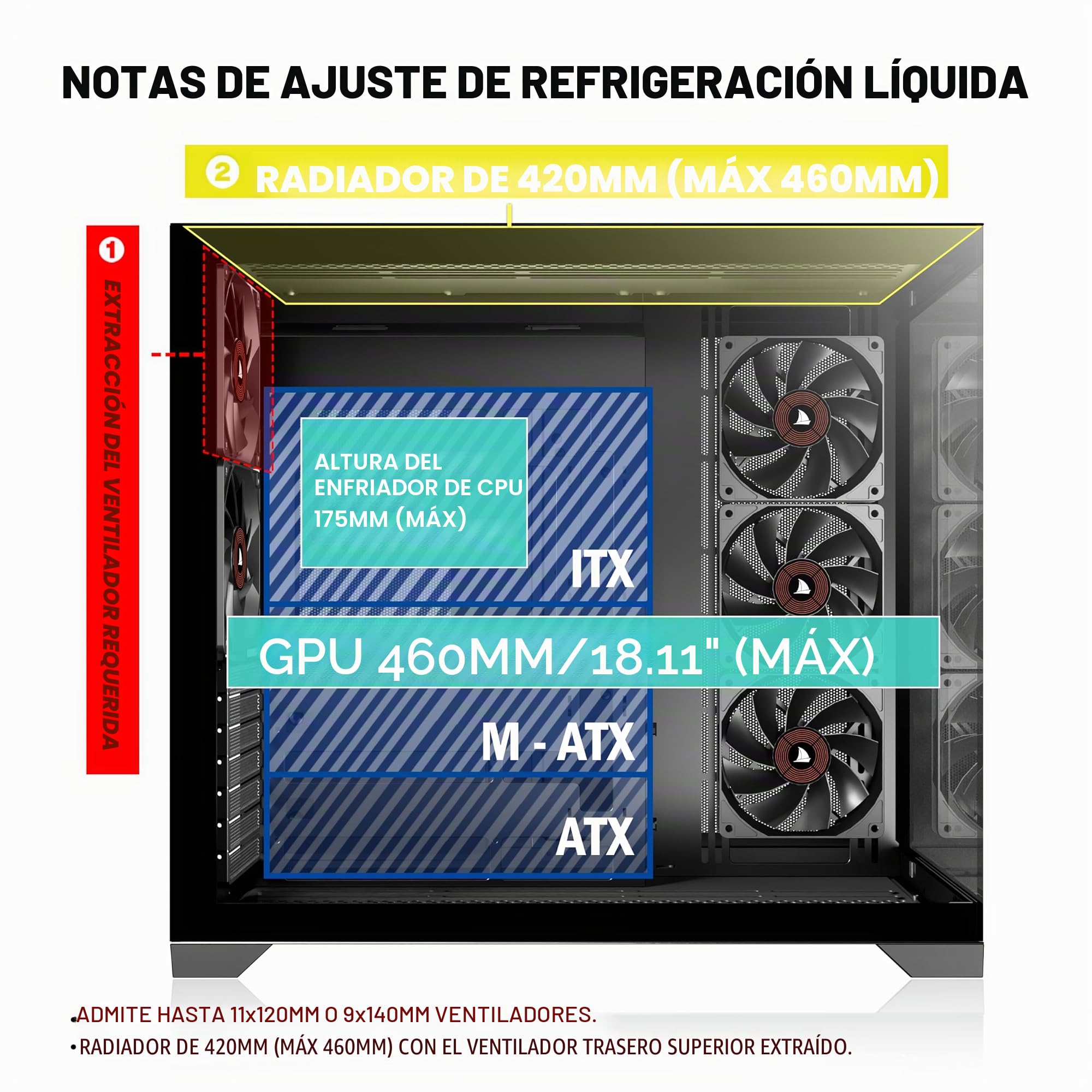 KEDIERS - Caja de ordenador con 5 ventiladores preinstalados, caja de juego ATX Mid Tower - Caja de ordenador con parte lateral abierta de cristal templado negro