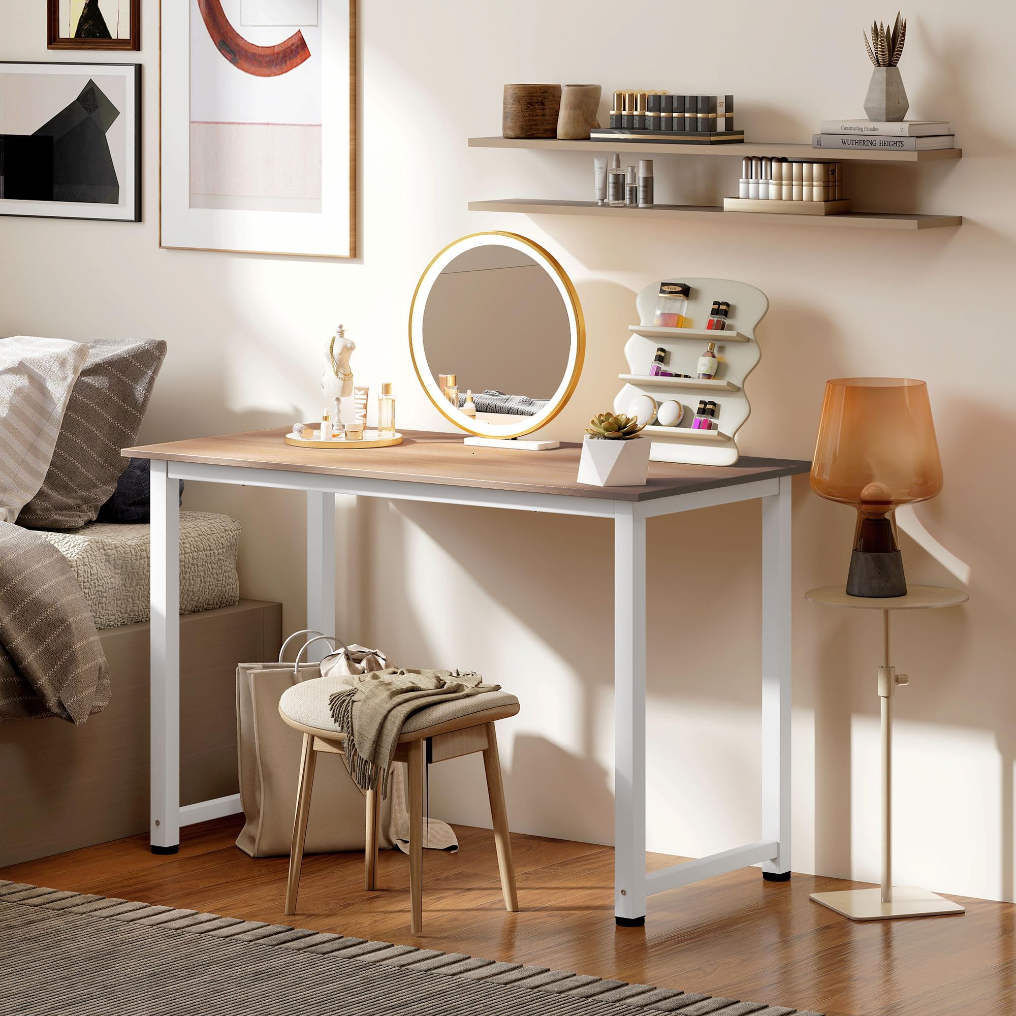 HOMCOM Mesa de Escritorio Moderna Marco Acero 120x60x76 cm Blanco y Natural | Mesa de Estudio, Pies Ajustables, Mesita de Ordenador, para Oficina Hogar
