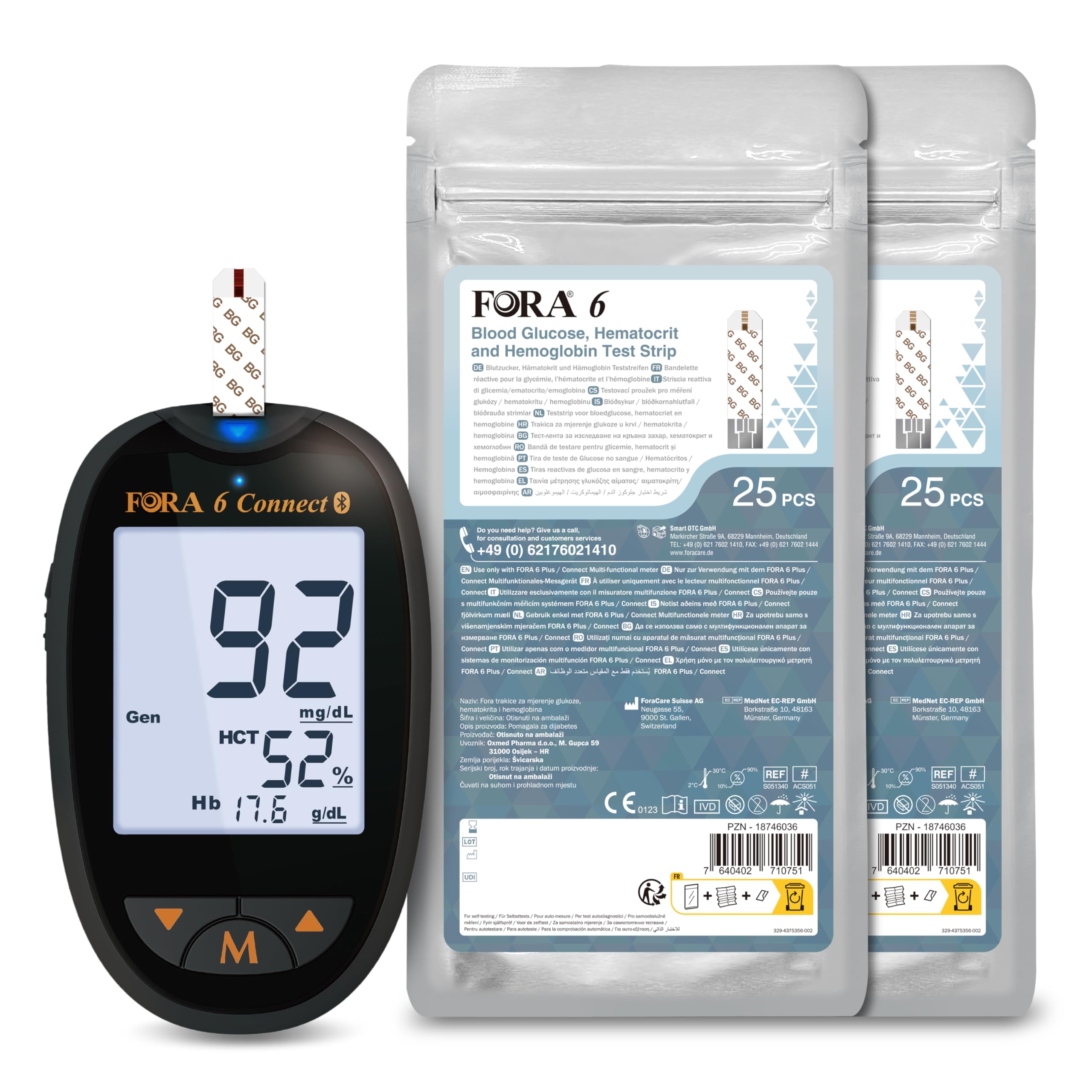 FORA 6 Connect Blutzuckermessgerät (mg/dl) set mit 50 Stück, einzeln verpackt Blutzucker-, Hämatokrit- und Hämoglobin-Teststreifen (3-in-1: BG, HCT, HB), Schwarz