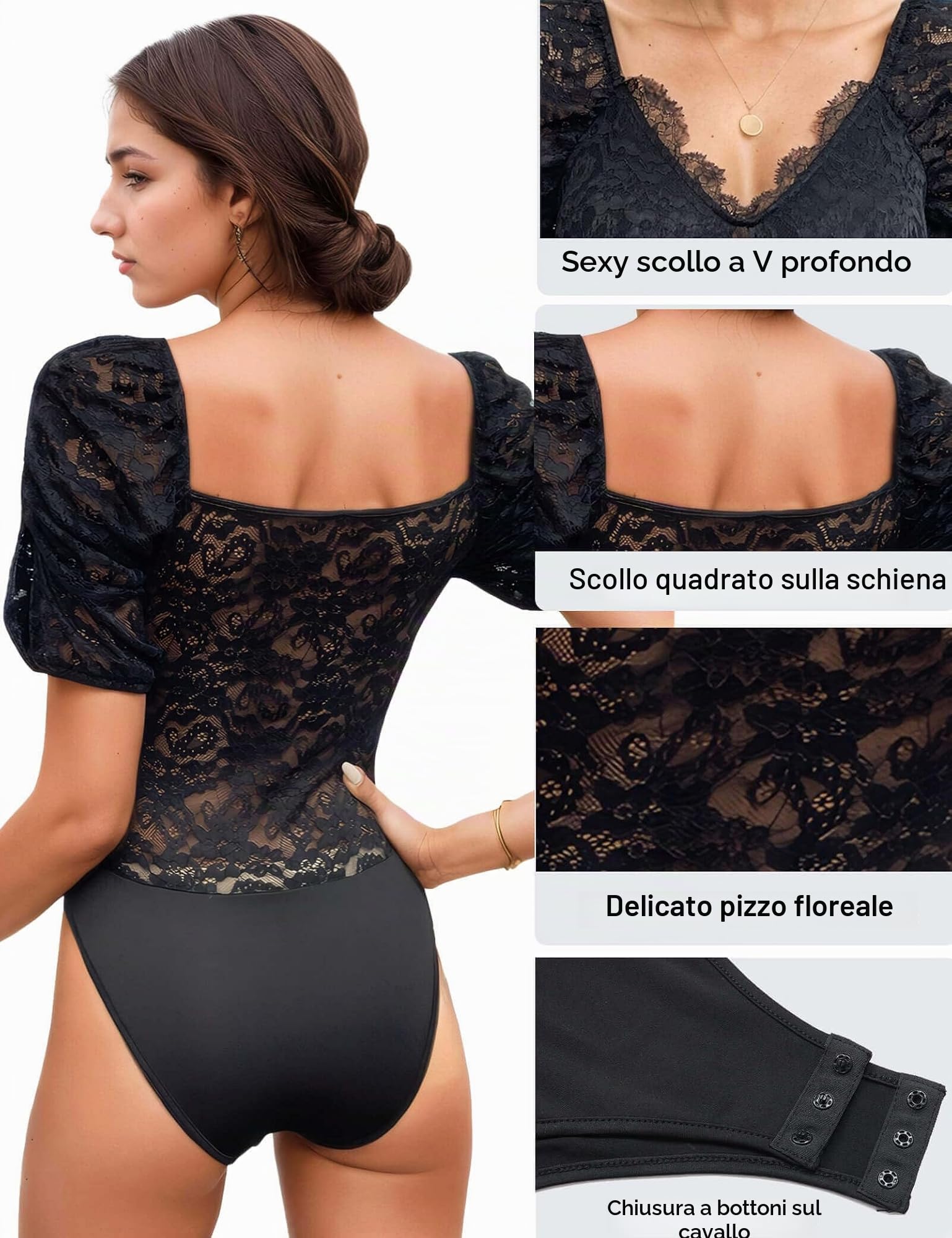 Everbellus Donna Pizzo Body Top Scollo a V Profondo Eleganti Manica Corta