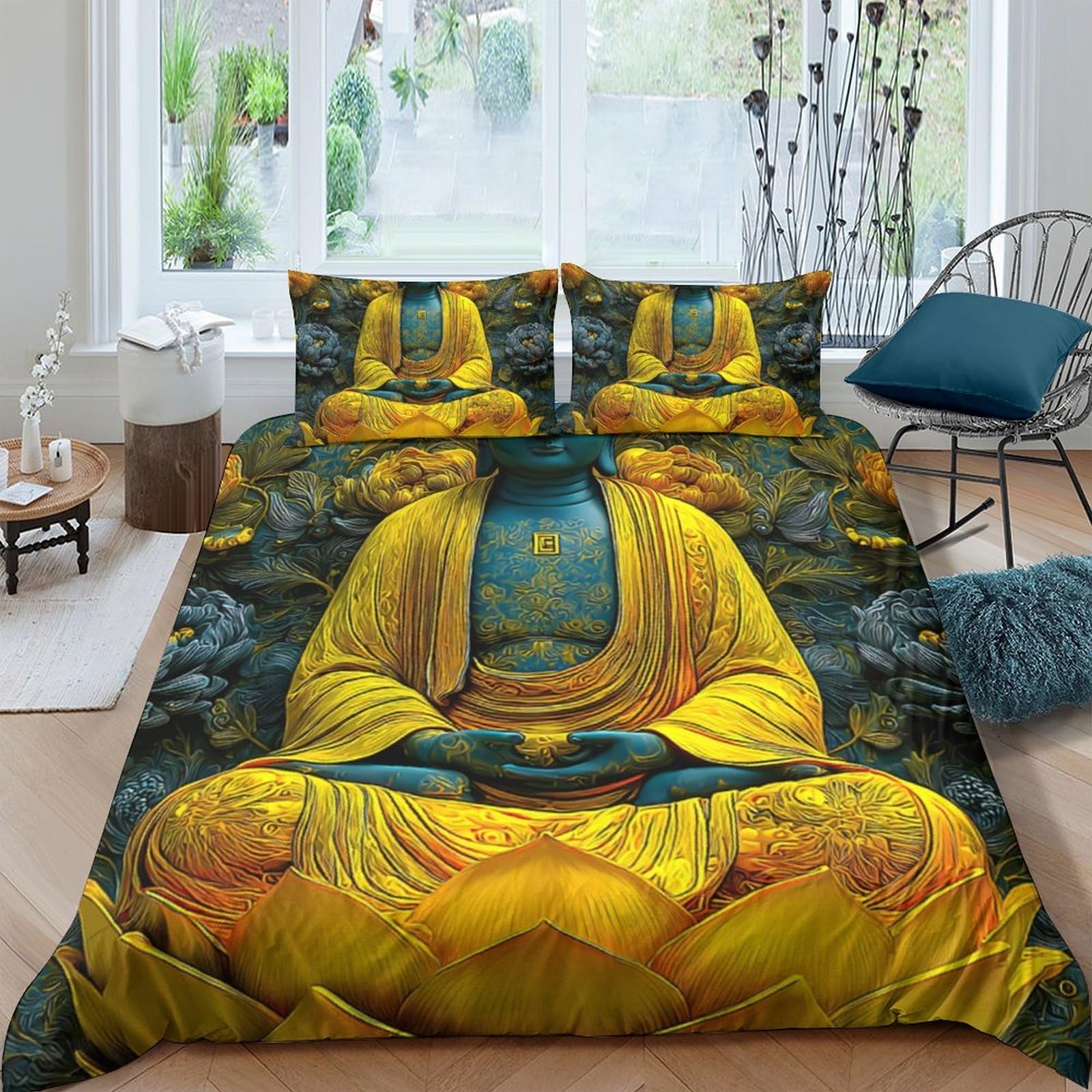 Ctjqhvkz Style-3 3D Printed Buddha Meditation Fitted Sheet Microfiber Yellow Zen Art Mattress Cover Bedroom Dorm Protector Single（135X200cm）