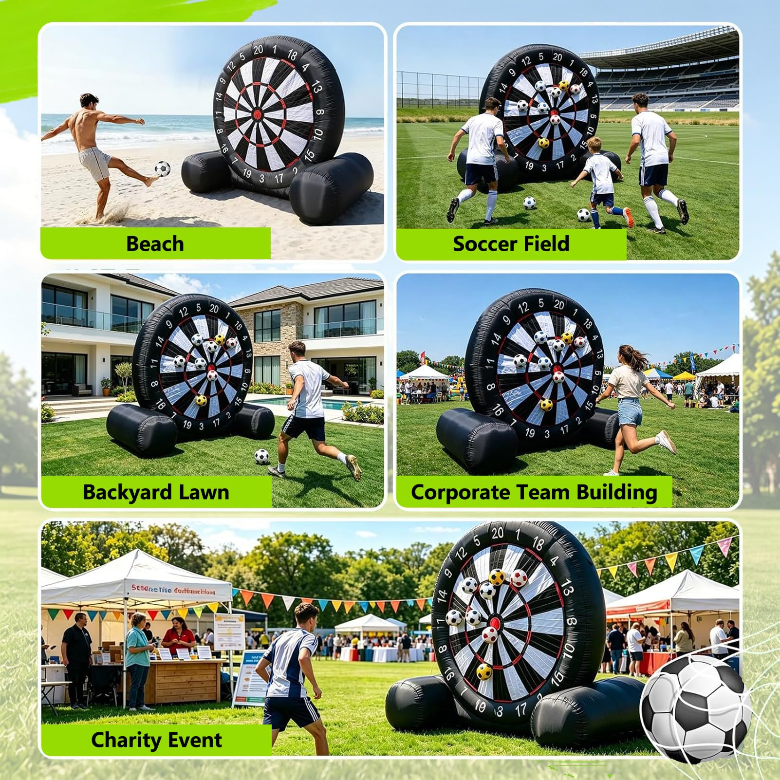 Aufblasbare Fußball-Dartscheibe (3/4/5 m), riesige aufblasbare Spiele, Outdoor-Fußballspiel, inkl. Gebläse & 8 Fußbällen, für Fußball-Dart-Spiele. B-5M