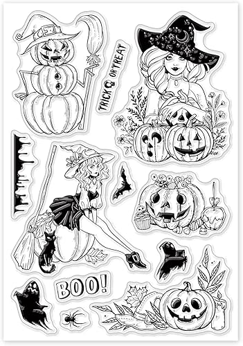 Miniatura 8 de ORIGACH Sellos transparentes de bruja de calabaza de Halloween, sellos de silicona transparente reutilizables para hacer tarjetas de Halloween,