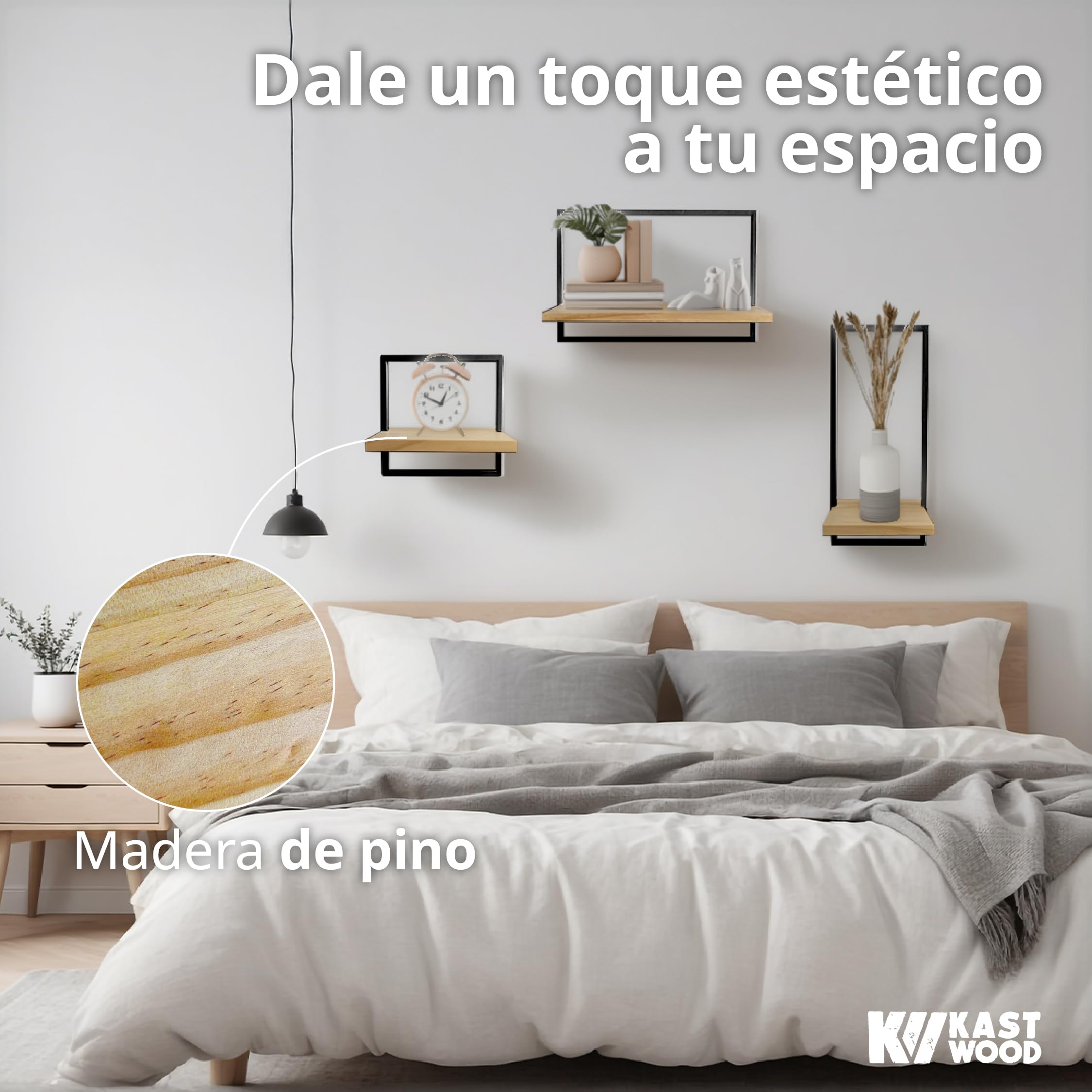 Kastwood Estantería de Pared de Madera – Set 3 Baldas Flotantes Pared y Repisas Decorativas para Salón, Baño y Dormitorio – Estanterías de Pared en Madera Natural con Marco Metálico Decorativo