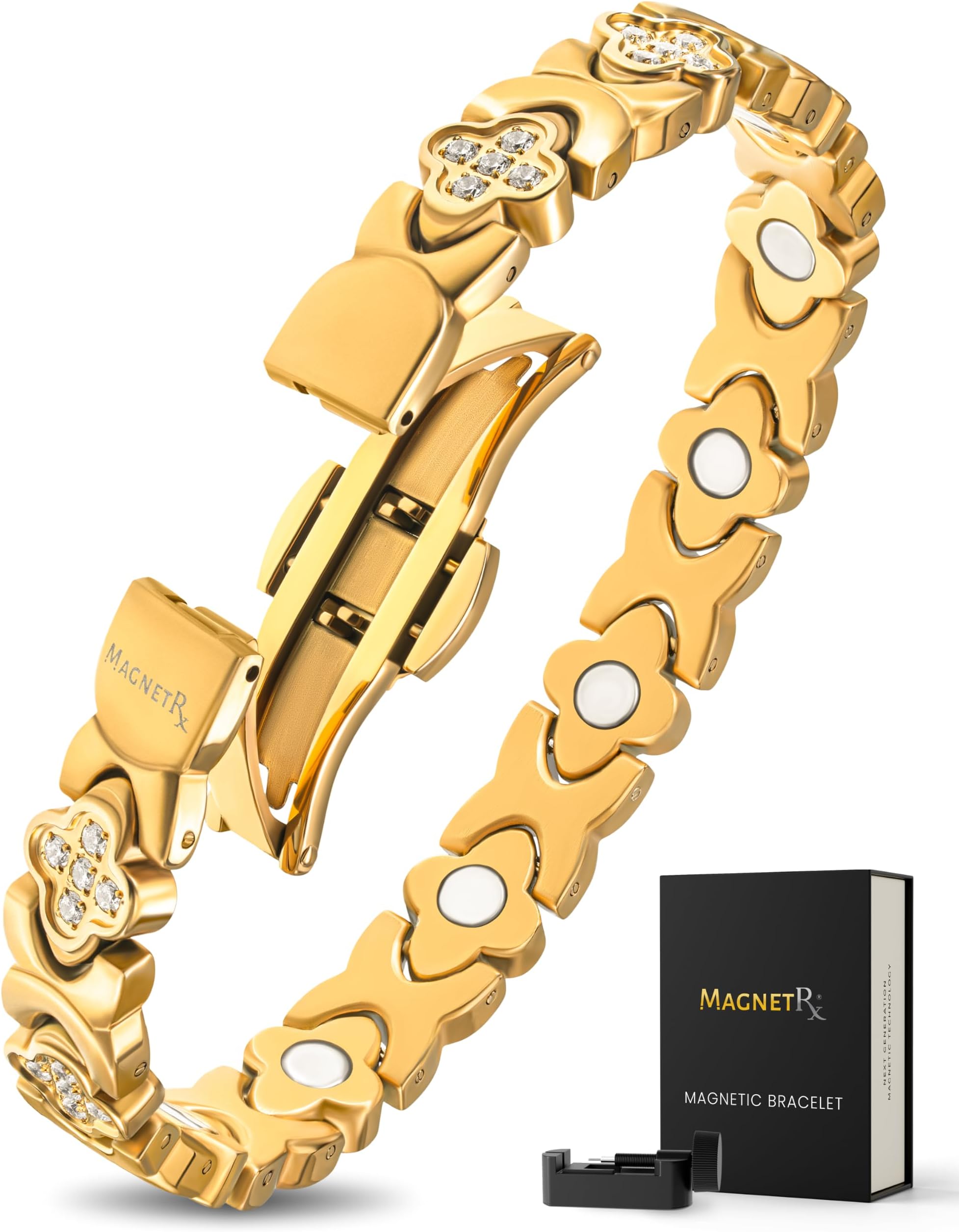 MagnetRX® Magnetic Bracelets for Women — Premium Four Leaf Clover Bracelet with Crystals and Ultra Strength Magnets — Adjustable Length with Included Sizing Tool (Gold)