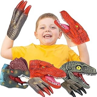 5 Pcs Dinosaur Hand Puppets Realistic Dinosaur Toys Soft Rubber Dinosaur Puppet Dinosaur Head and Claws Hand Puppets Interactive Animal Gloves for Boy and Girl Storytelling, Role Playing, Show