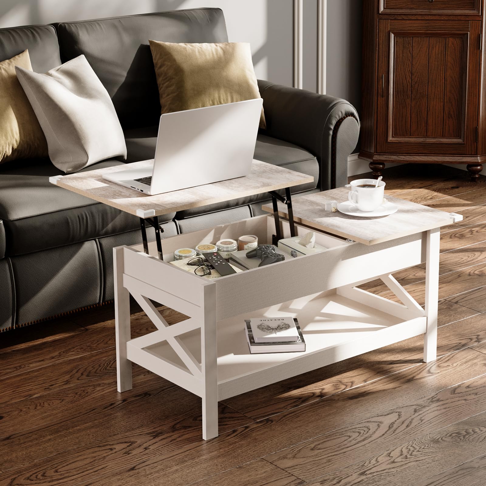 Mesa Elevable Salon,Mesa de Centro con Placa Elevable, Mesa Baja Salon de 39 Pulgadas con Compartimento Oculto, Mesa de Salón Tipo Push-Pull para Salón y Oficina (Blanco)