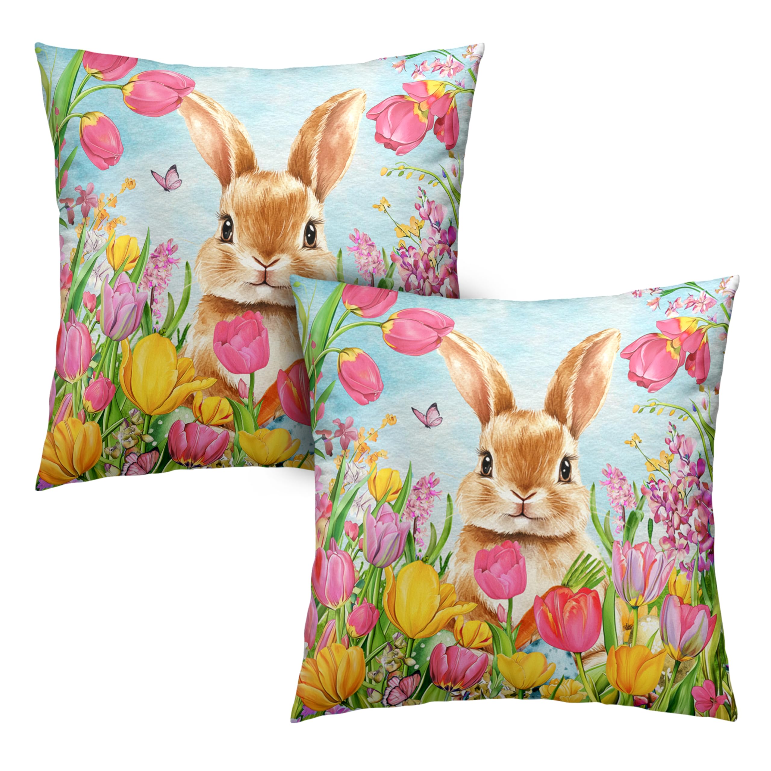 Kwlegh Easter Bunny Pillow Covers 20x20 Set of 2 Lovely Rabbit with Tulip Throw Pillow Covers Spring Pillow Case Floral Cotton Blend Cushion Case for