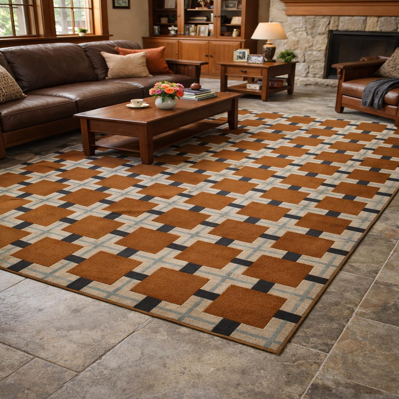 Tapis salon géométrique marron gris et beige en poils courts 130x200 cm