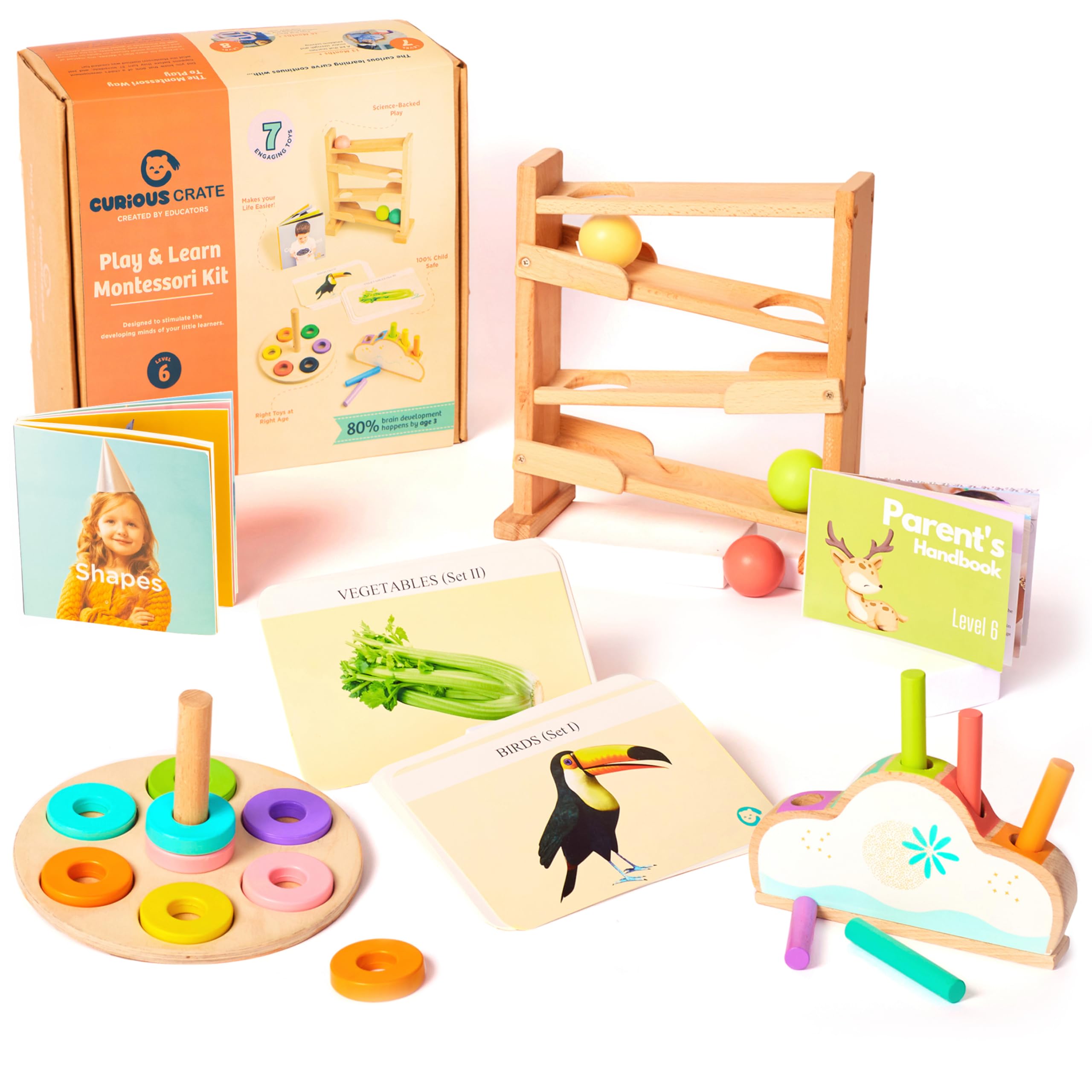 Wooden Montessori Toys Box for Toddlers | 6 in 1 Learning Educational Toys - Wooden Ball Tracker, Ring Stacker, Pop up Toy & More | Developmental Toy Set & Gift for 13 Months+