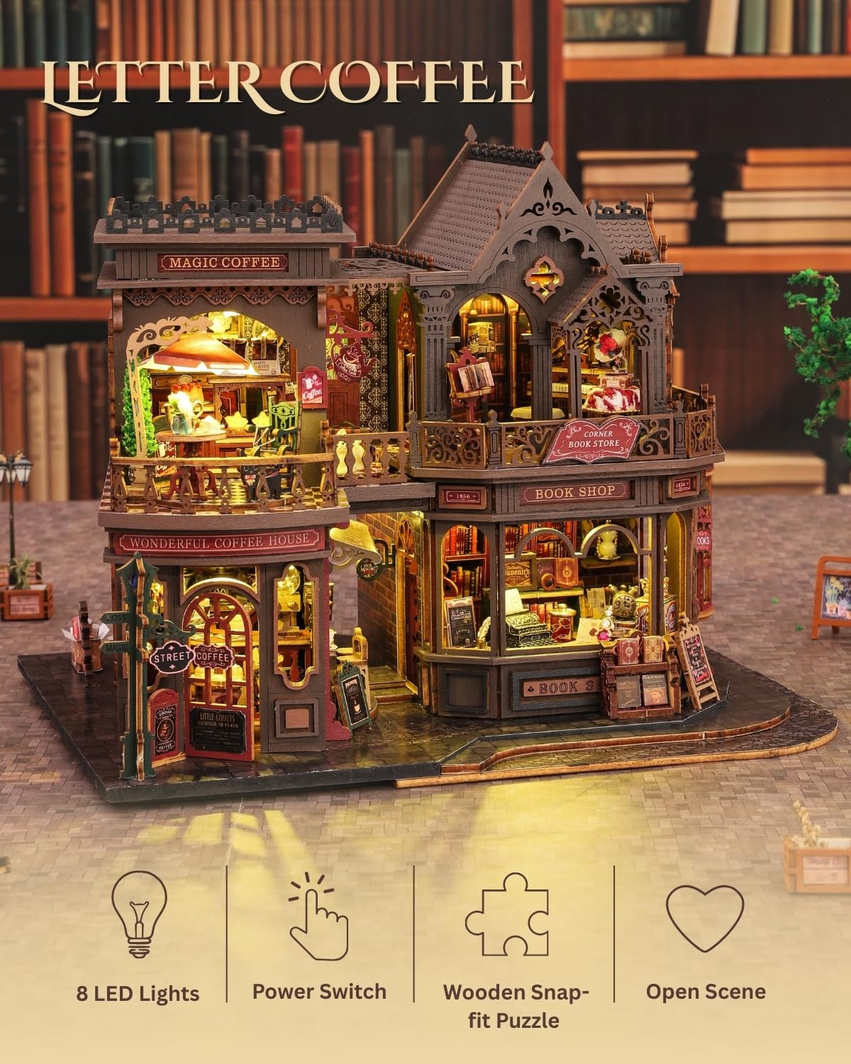 Kit fai da te per casa in miniatura con luce a LED, kit assemblato per decorare mensole, puzzle 3D in legno, piccolo angolo del libro, regalo creativo per adulti a Natale, Halloween