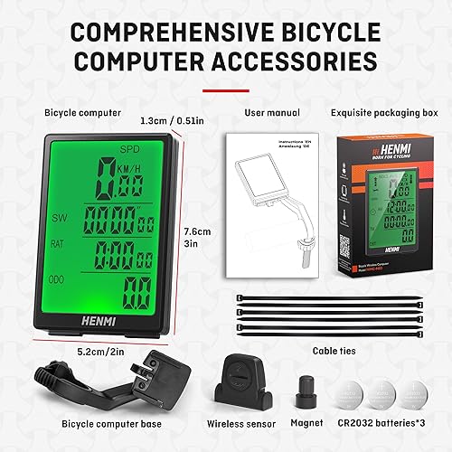 Miniatura 6 de HENMI Computadora de bicicleta, Velocímetro inalámbrico de bicicleta, Odómetro de bicicleta multifunción despertador automático, 3.35 pulgadas