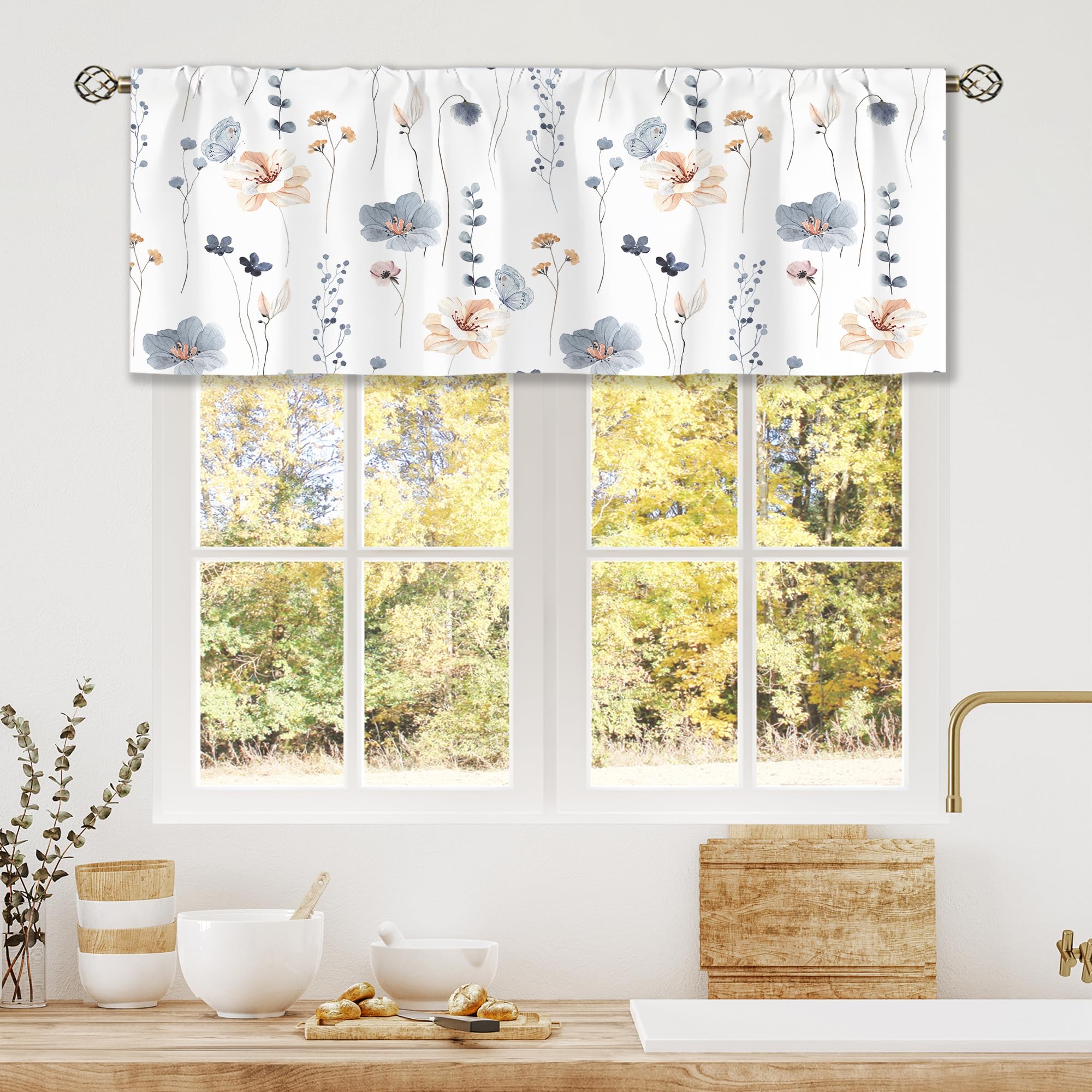 Laifzere Blue Floral Curtain Valance for Window Treatments Watercolor Flower Kitchen Treatment Wildflower Boho Rustic Leaf Botanical Window Drapes for Bathroom Bedroom Living Room 1 Panel (52x18 Inch) — image 1