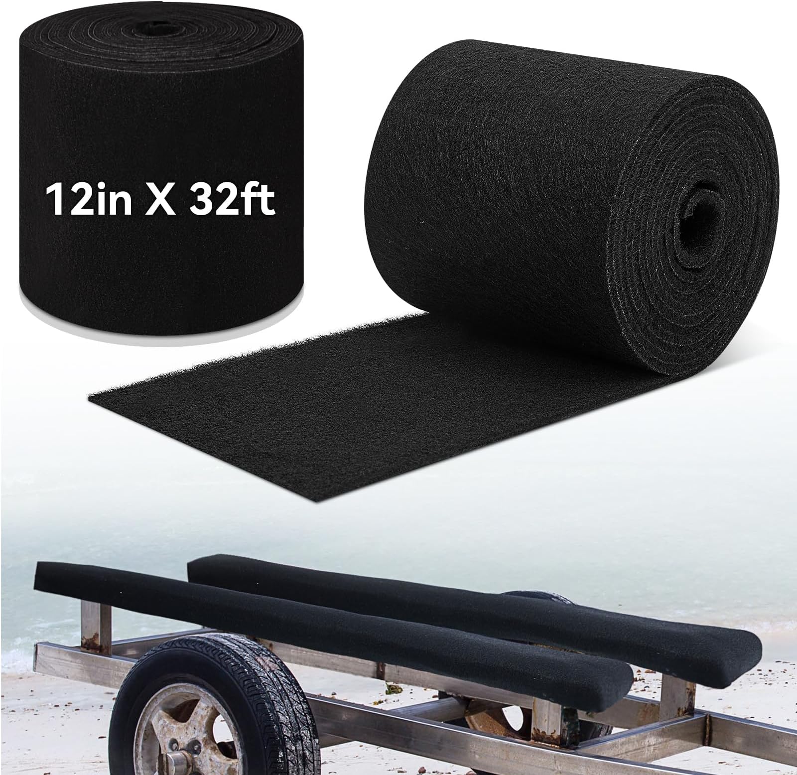 Timgle Boat Trailer Bunk Carpet, Marine Grade Carpet 8/10/12/16/20/24 Inch for Pontoon, Trailer Bunk, Padding, Guides Accessories Replacement, Runner for Outdoor(Black,12 in X 32 ft,6mm Thick)