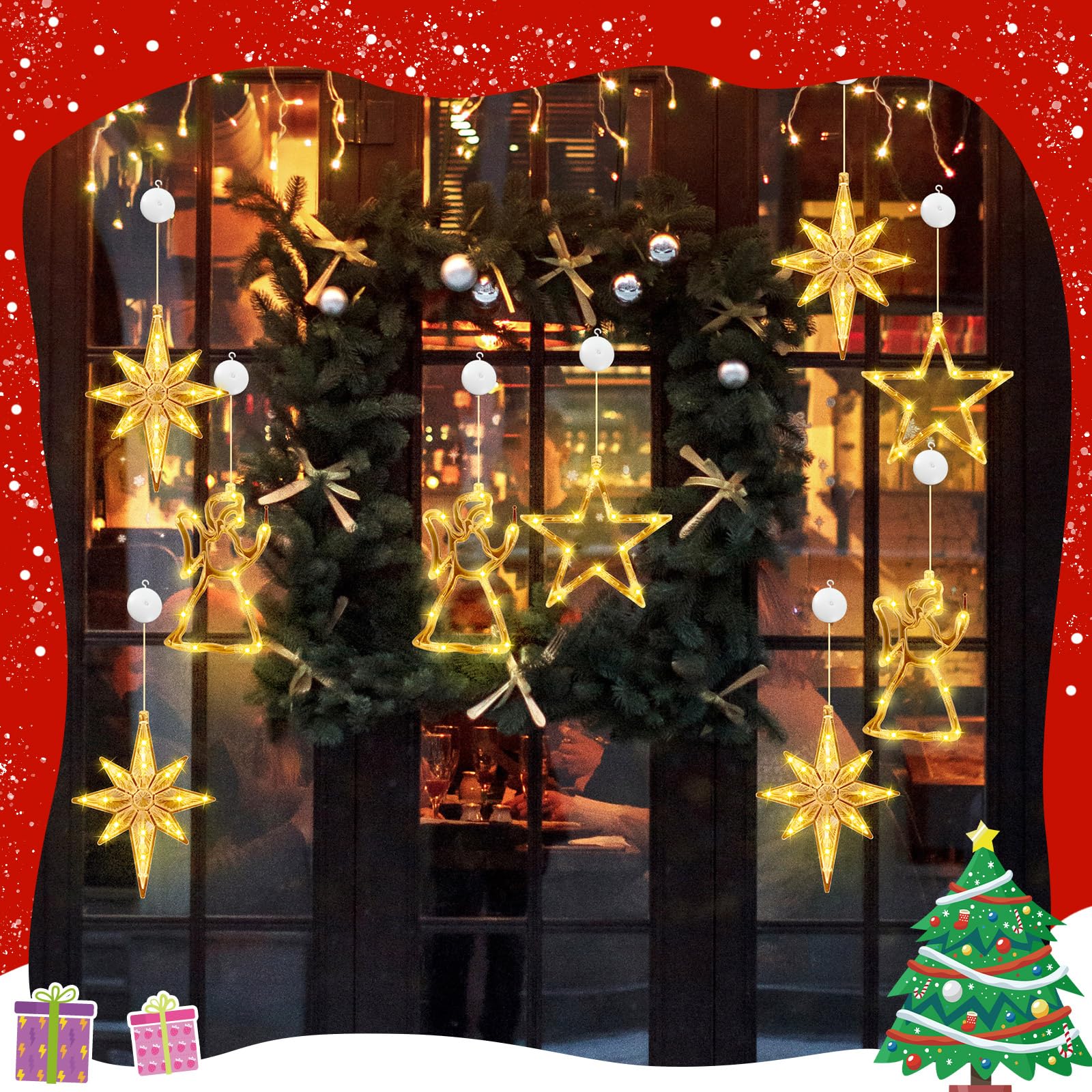 Baquler Bethléem Lot de 6 lumières LED pour fenêtre de Noël à piles avec ventouse pour décoration d'intérieur Blanc chaud