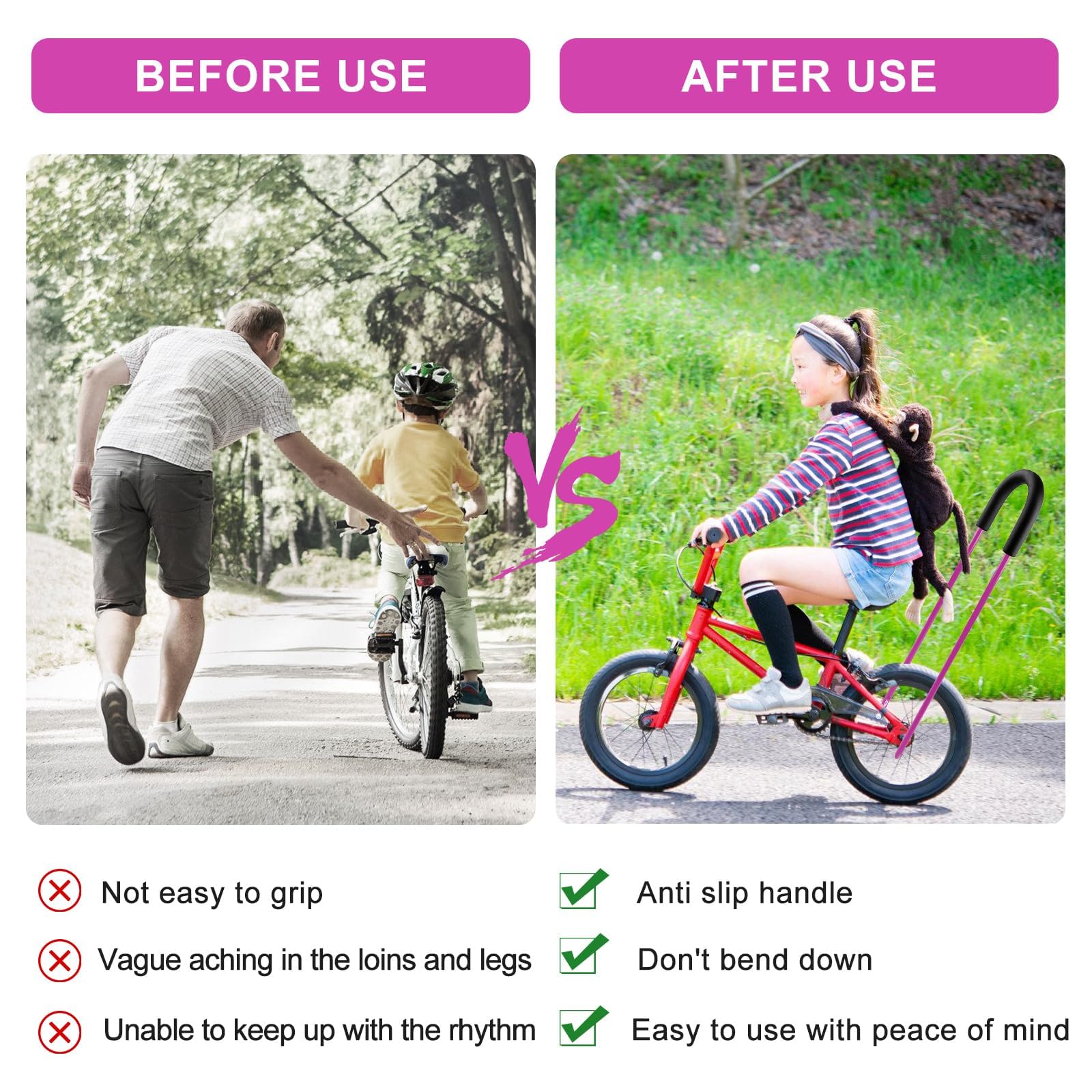 BORDEAG Asta di spinta per bicicletta, regolabile, supporto per l'apprendimento della bicicletta, per manubrio, aiuto per l'apprendimento della bicicletta, adatto ovunque, barra di spinta universale