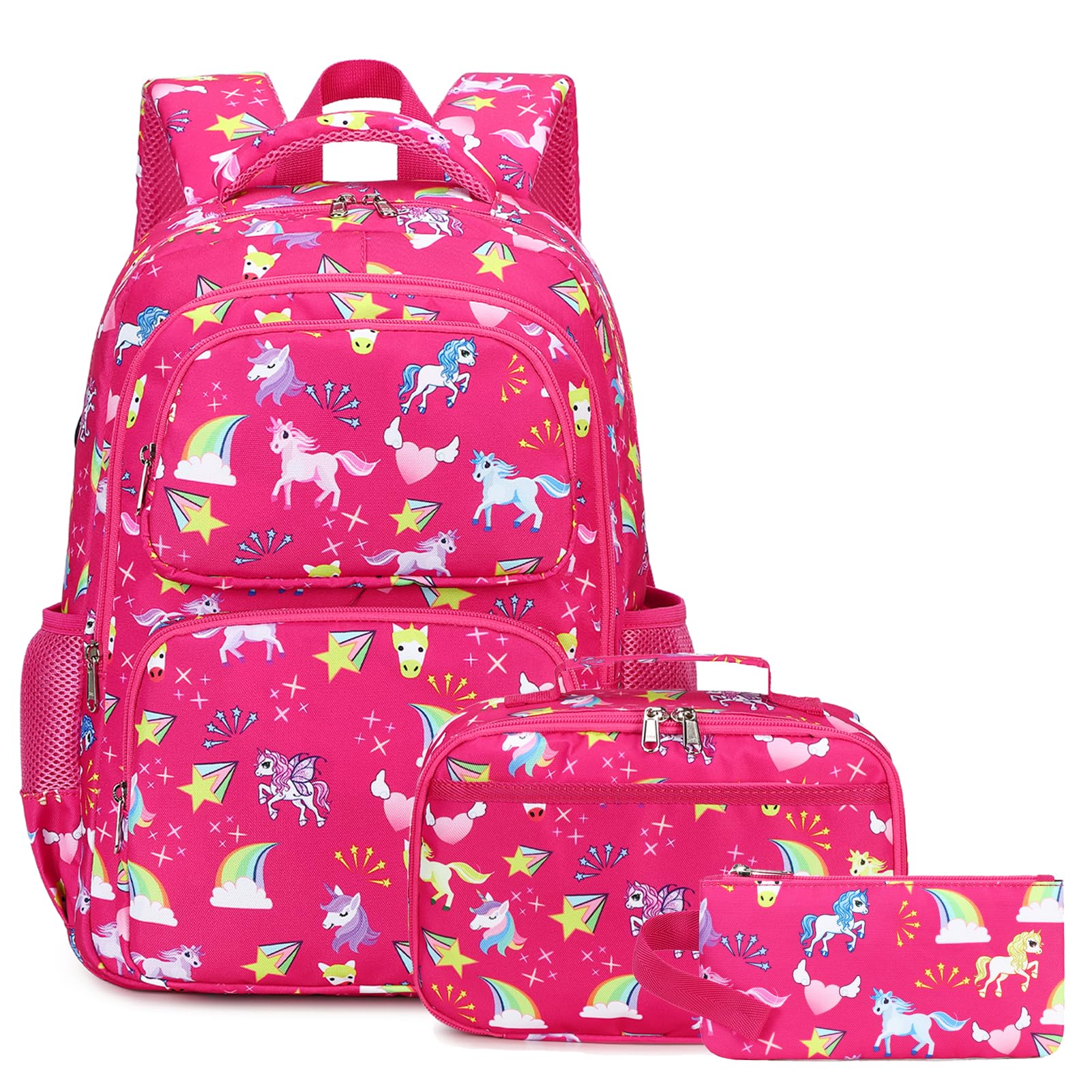 Octsky School Backpack for Girls, Kids Unicorn Bookbag with Lunch Box, Hotpink