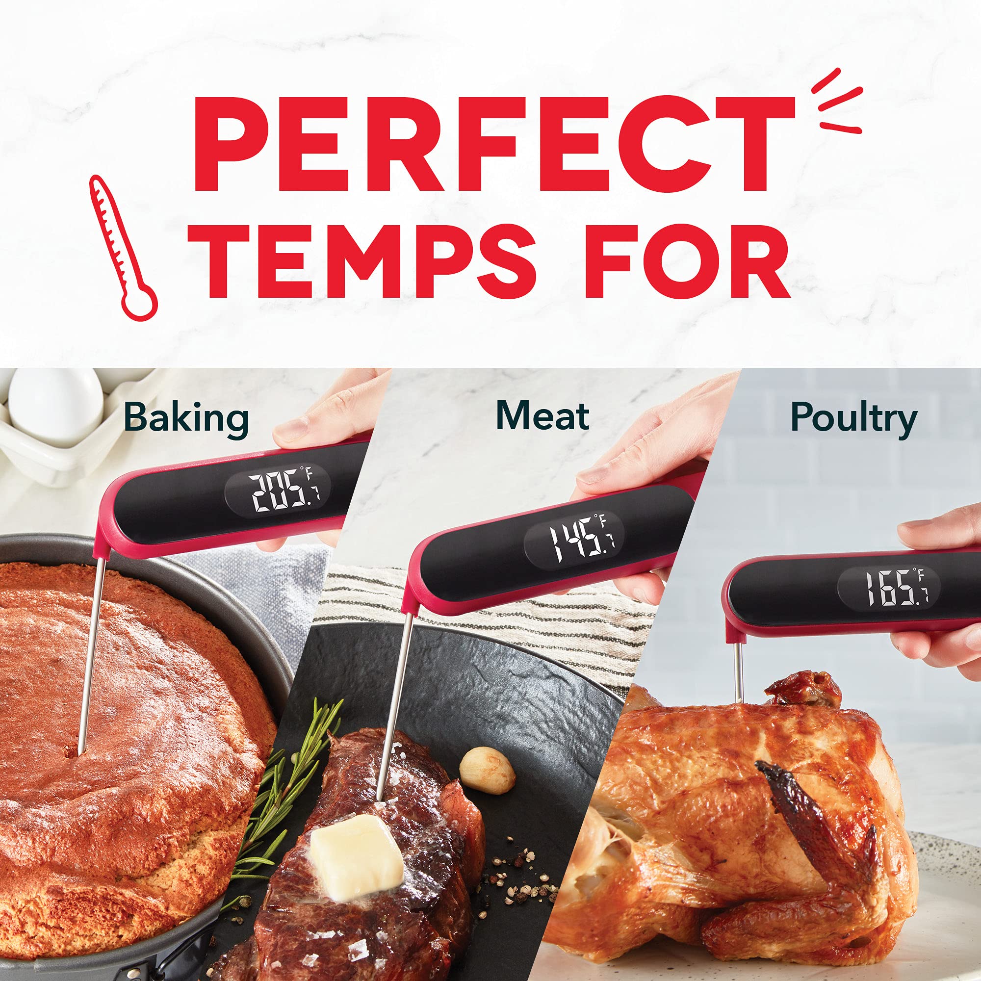 Dash Thermomètre de cuisine de précision étanche à lecture rapide avec écran LCD numérique – BBQ, poulet, fruits de mer, steak, dinde et autres viandes, piles incluses, taille unique, rouge