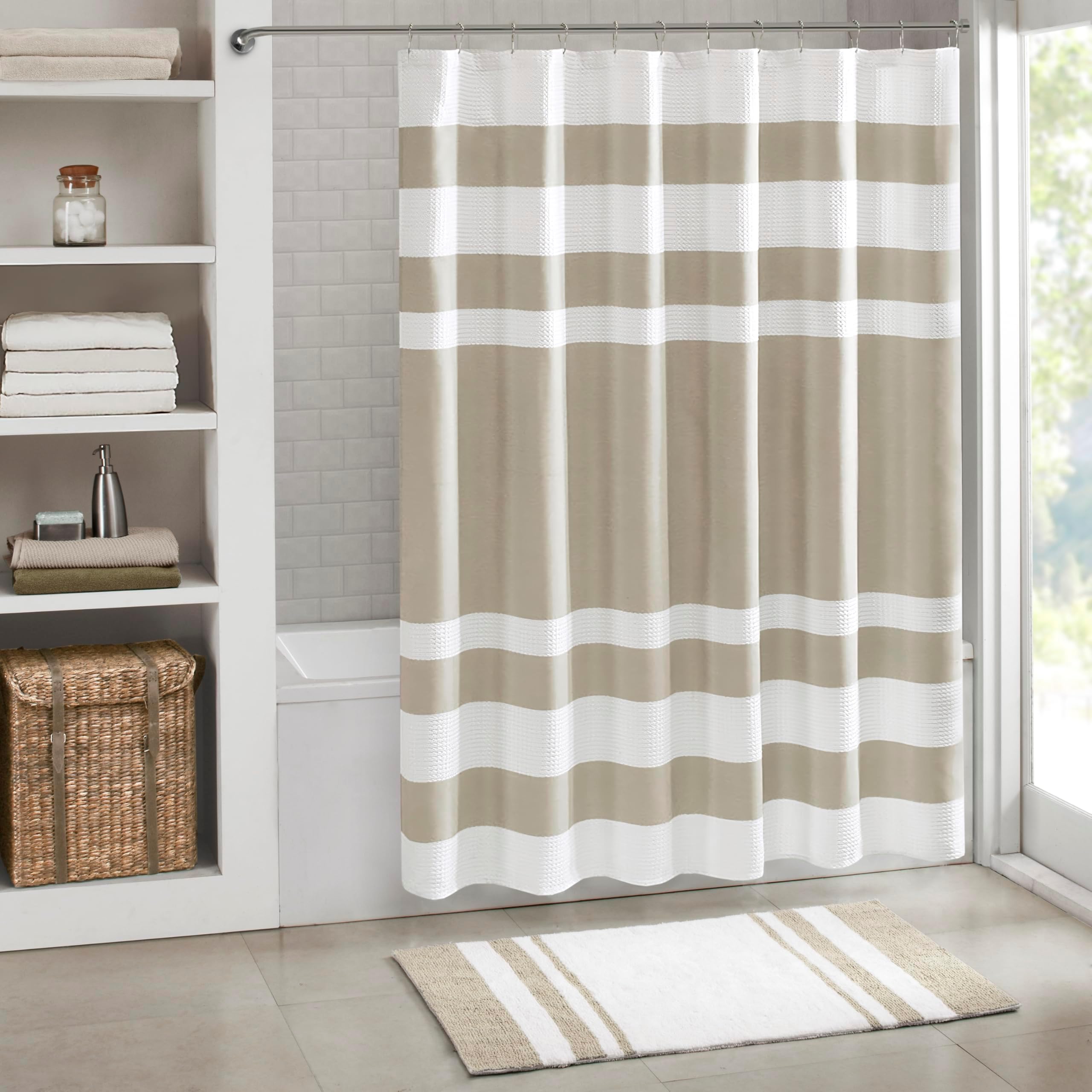 Madison Park Shower Curtain, Waffle Weave, Pieced Design Fabric Shower Curtain with 3M Scotchgard Moisture Management, Premium Spa Quality Modern Shower Curtains for Bathroom, Standard 72"x72" Taupe