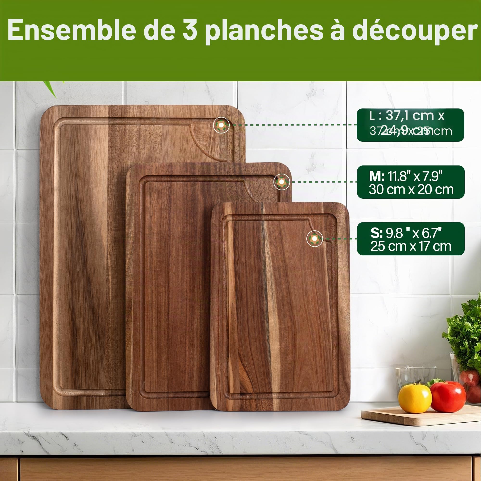 WILLKOMMEN Lot de 3 planches à découper en bois pour cuisine avec rainure pour jus, planches à découper (37x25-30x20-25x17cm) et bloc de boucher pour viande, légumes et fromage