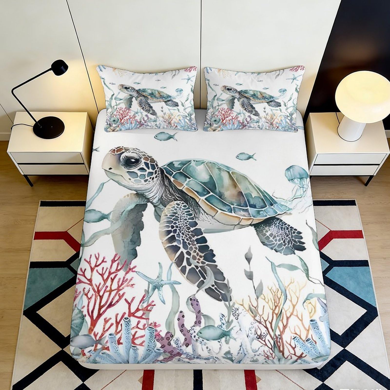 3D Printed Sea Turtle Ocean Fitted Sheet Microfiber Soft Breathable Coral Reef Bed Cover for Bedroom Dorm Mattress Protection Decor 180x200x25cm