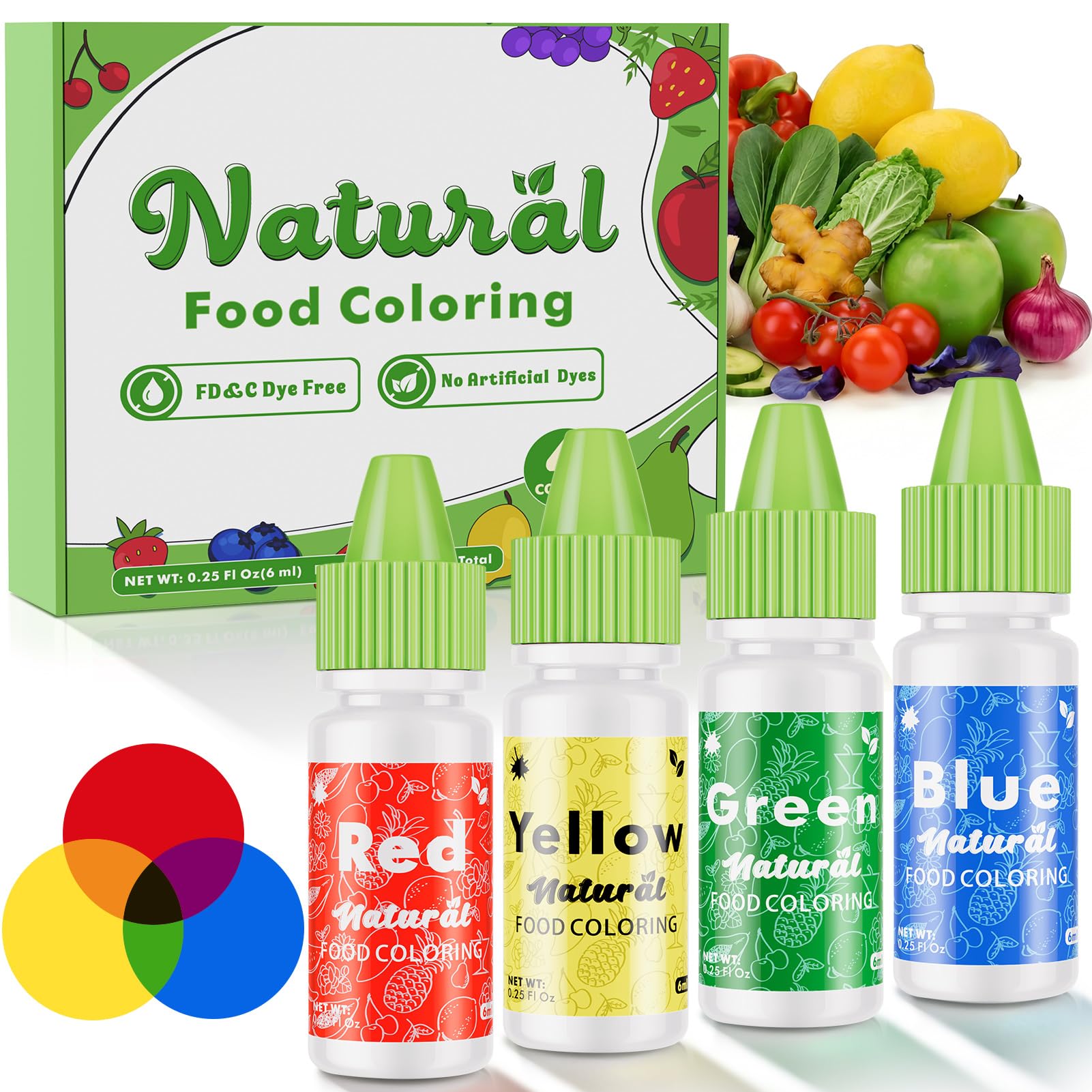 Natural Food Coloring - FD&C & Artificial Dye Free Formula Color 4 Natural Food Dye Set for Icing Frosting Cake Baking Easter Egg Fondant Cooking Decorating - 0.25 Fl. oz (6 ml)/Bottles