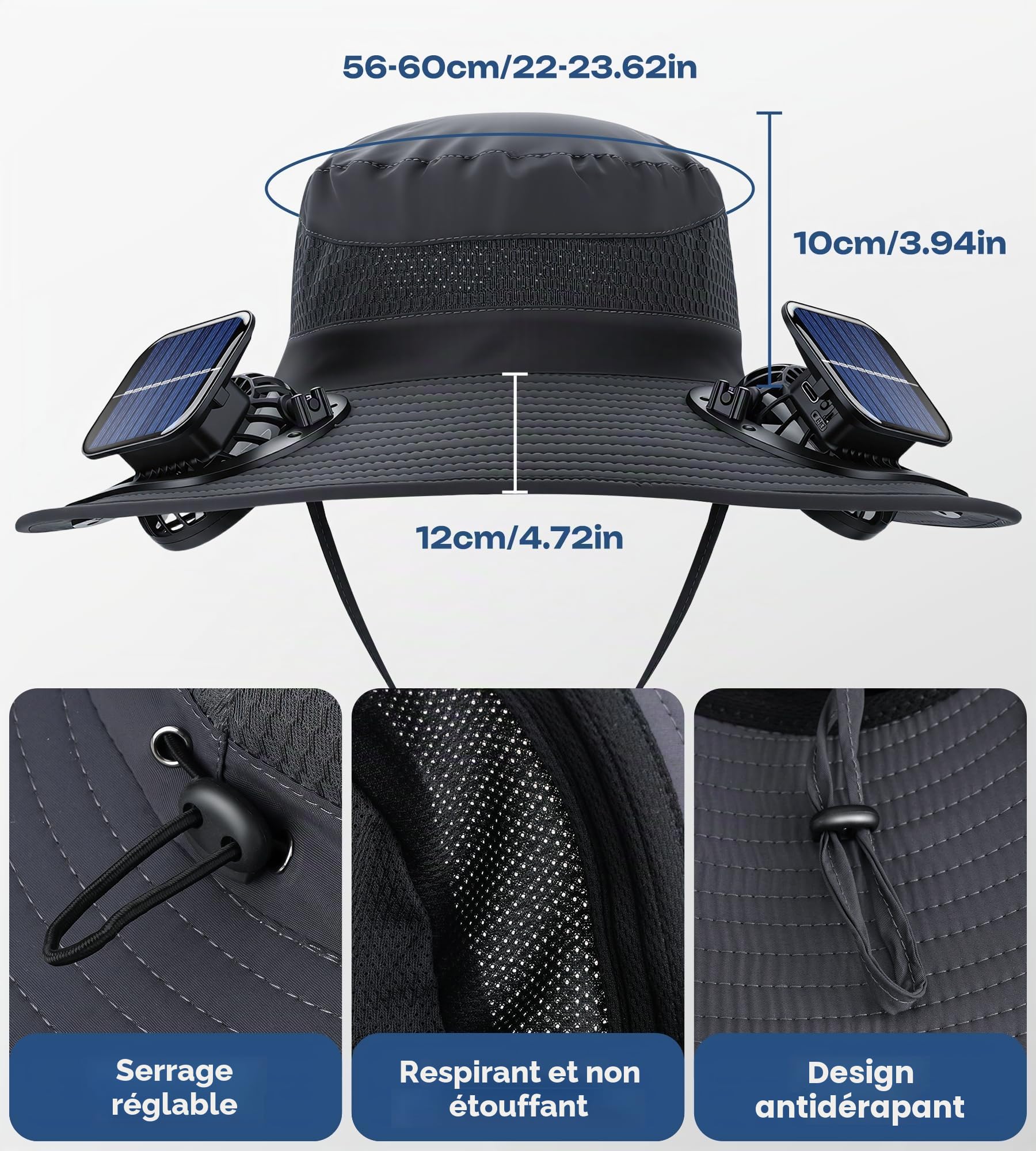 MOWETOO Chapeau solaire avec 4 ventilateurs amovibles, chapeau de pêche à large bord pour femmes et hommes, recharge USB, chapeau de soleil pour activités de plein air comme la randonnée, le jardinage
