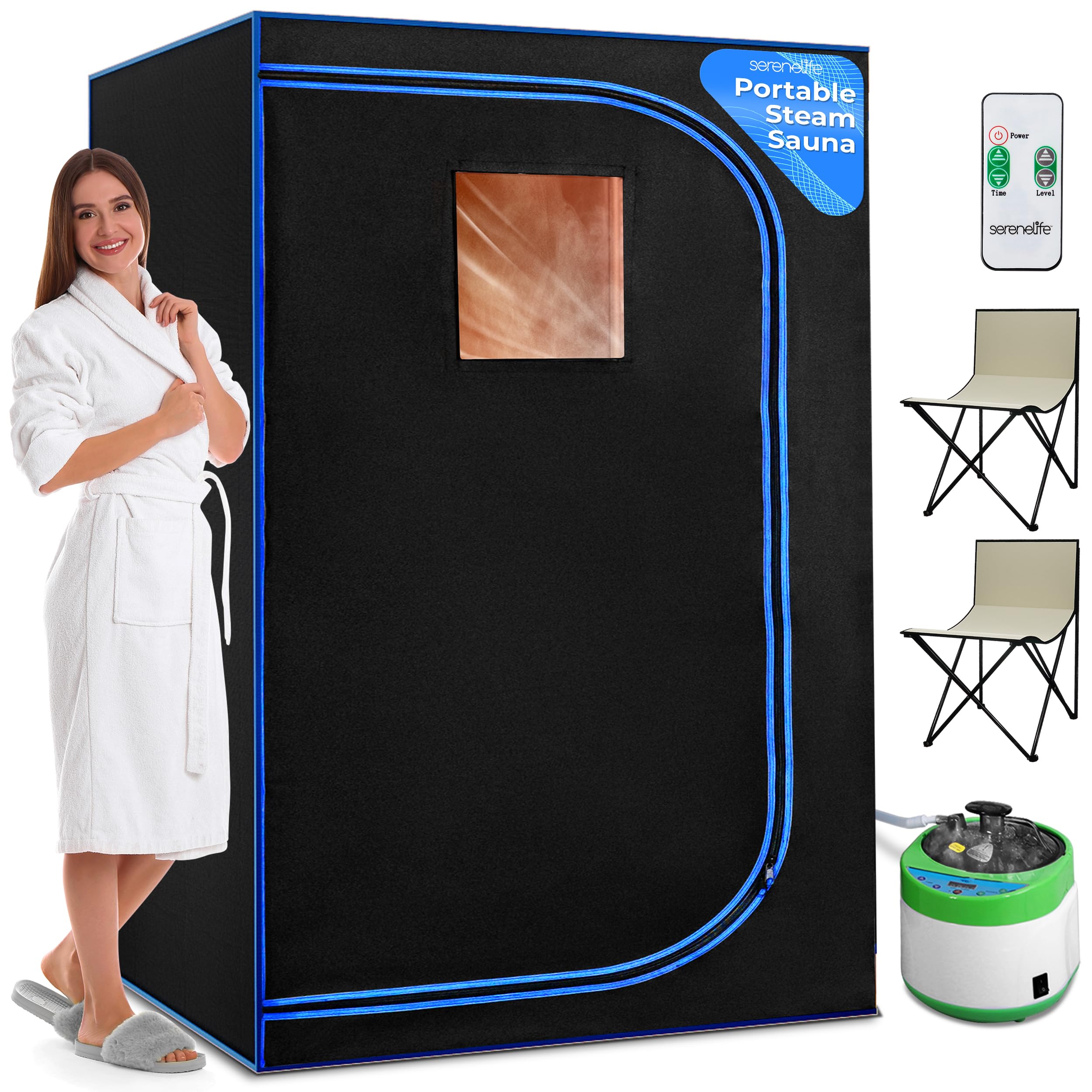 SereneLife Portable Sauna for Home, 2-Person Steam Sauna Tent with 4L Steamer, 2 Foldable Sauna Chairs, Remote Control for in-Home Spa Rejuvenation, 71