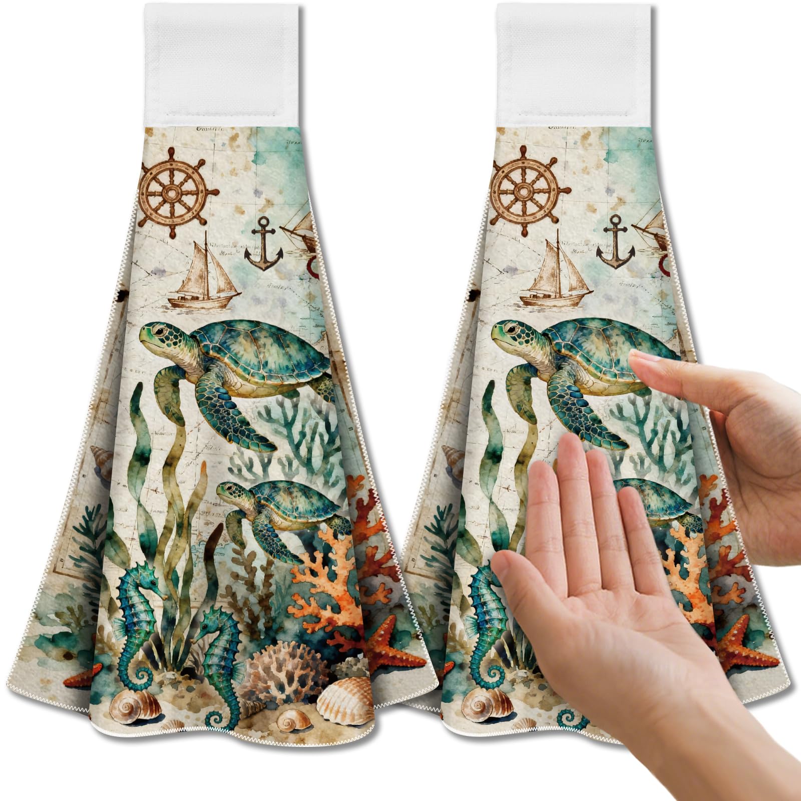 CUTHOLLOW 2PCS Sea World Tea Towels for Kitchen with Loop, 31.5x43.5cm Soft Absorbent Microfiber Decorative Hanging Dish Towel, Tea, Coffee Towel for Kitchen Bathroom Oven Handle