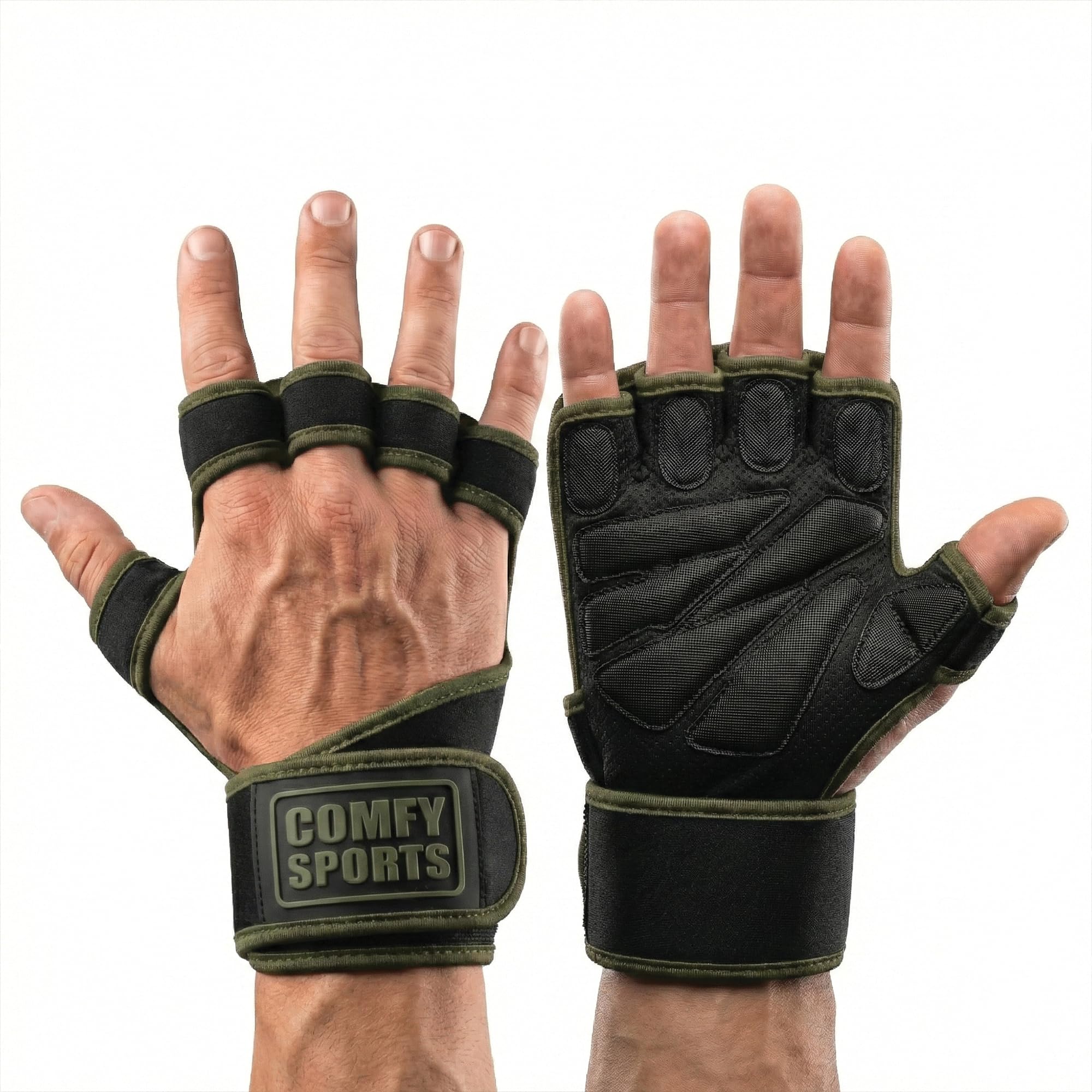 Comfy Open Gym Gloves for Men & Women Padded Weight Lifting Gloves with Wrist Support for Anti-Sweat Gym Accessories Strong-Grip Fingerless Workout Gloves for Men & Women (Black/Green, Small)