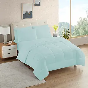 Sweet Home Collection 7 Piece Comforter Set Bag Solid Color All Season Soft Down Alternative Blanket & Luxurious Microfiber Bed Sheets, Aqua, Twin