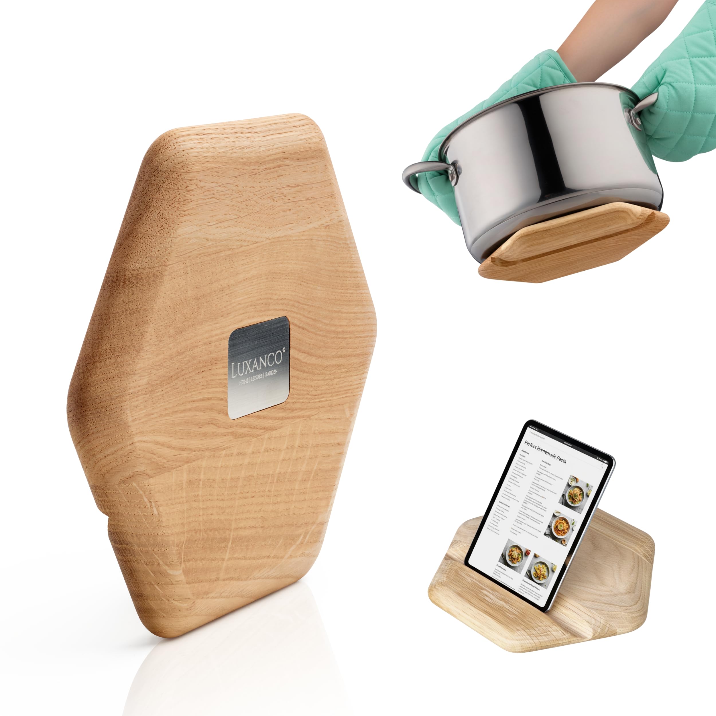 Salvamanteles Ollas Calientes 2 en 1 de Roble Macizo - Salvamanteles Imantado con Soporte para Tablet - Ideal como Protector Encimera y Mesa Comedor