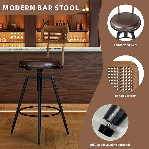 Miniatura 4 de Juego de 2 taburetes de bar de granja con respaldo, taburetes giratorios de madera rústica de 42 pulgadas, taburetes de altura de mostrador, sillas