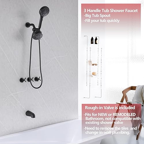 Miniatura 2 de Juego de grifo de ducha de 3 manijas negro mate con boquilla de bañera, kit de molduras de bañera y ducha con válvula NIITAWH