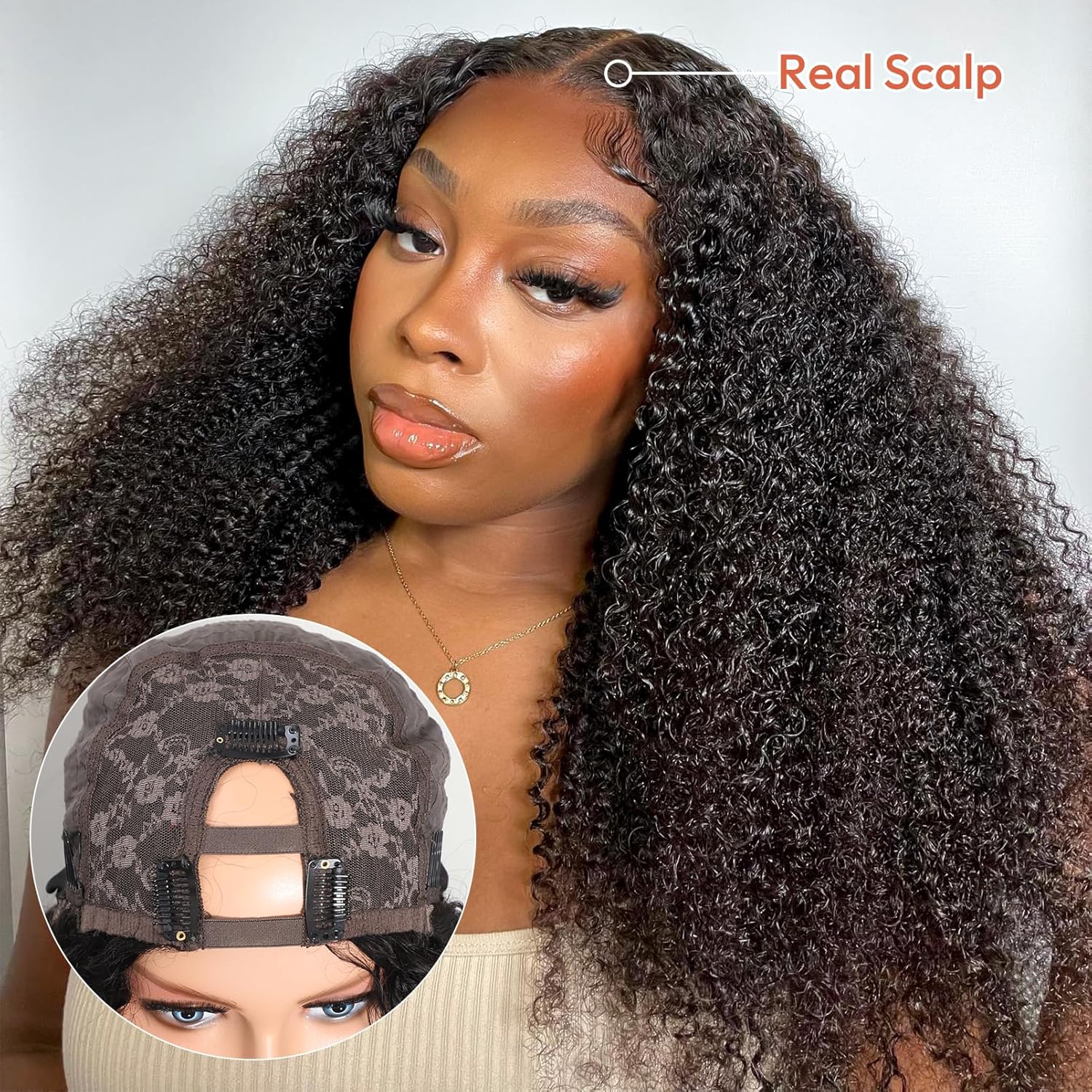 U Part Human Hair Wig Curly14 Inch Clips Glueless Wigs Human Hair Beginner Friendly U Shape Wig Clip In Half Wigs for Women No Leave Out 200% Density Natural Color
