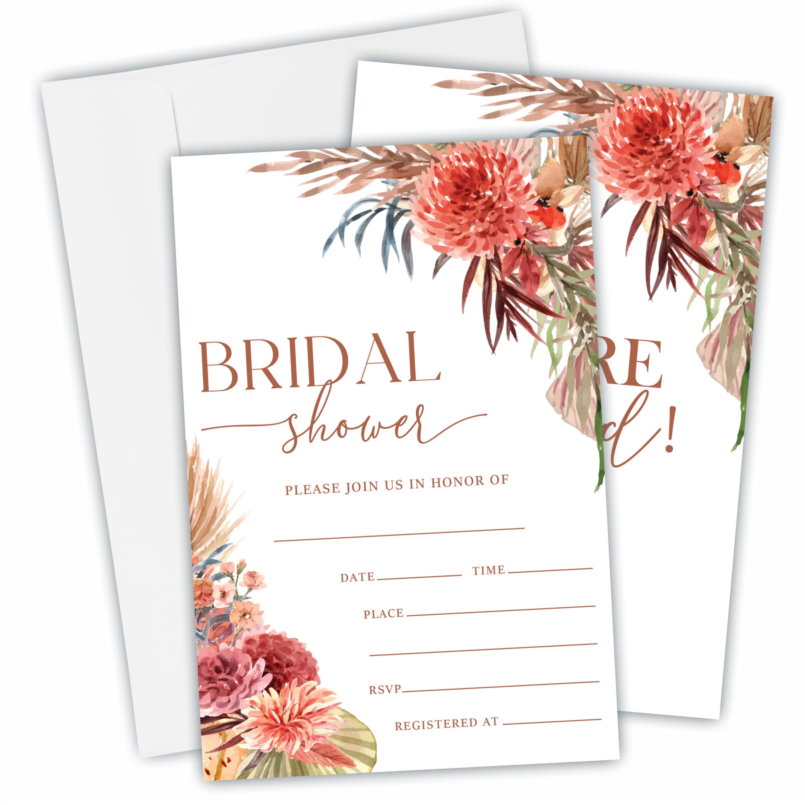 25 Bridal Shower Invitation Cards With Envelopes - Watercolor Boho Floral - Double-Sided Fill In Style Invites For Newlyweds, Wedding & Bridal Shower