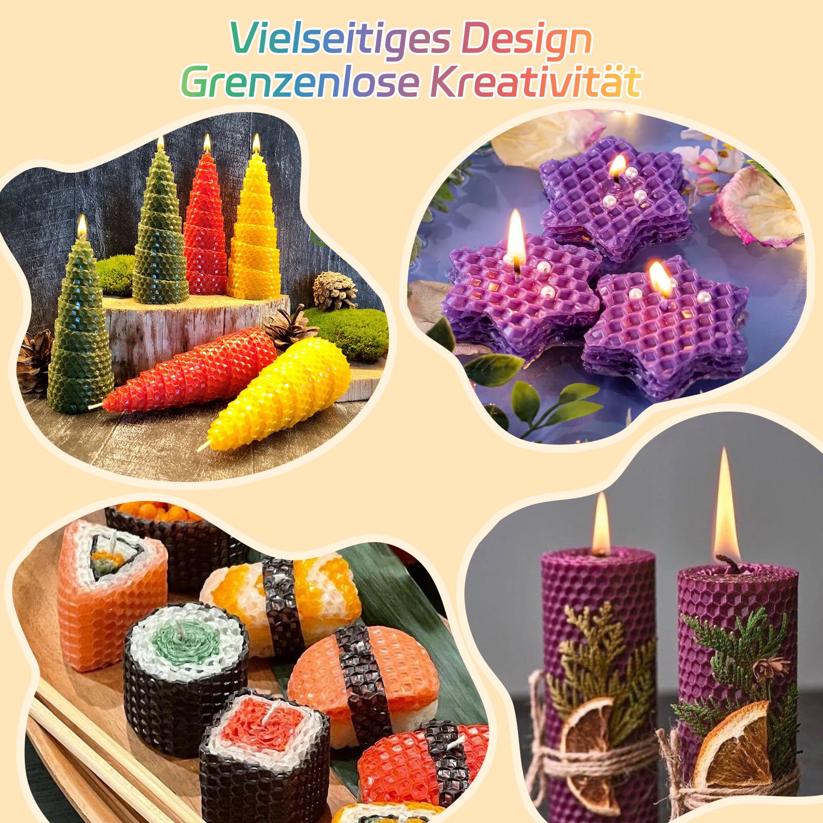 Bienenwachsplatten für Kerzen 12 Stück, 20x20 cm Wachsplatten Regenbogen zum Verzieren von Kerzen für Selbstgestalten, Kerzenwachs Platten für Ostern & Kommunion mit Formen, Kinderscheren & Anleitung