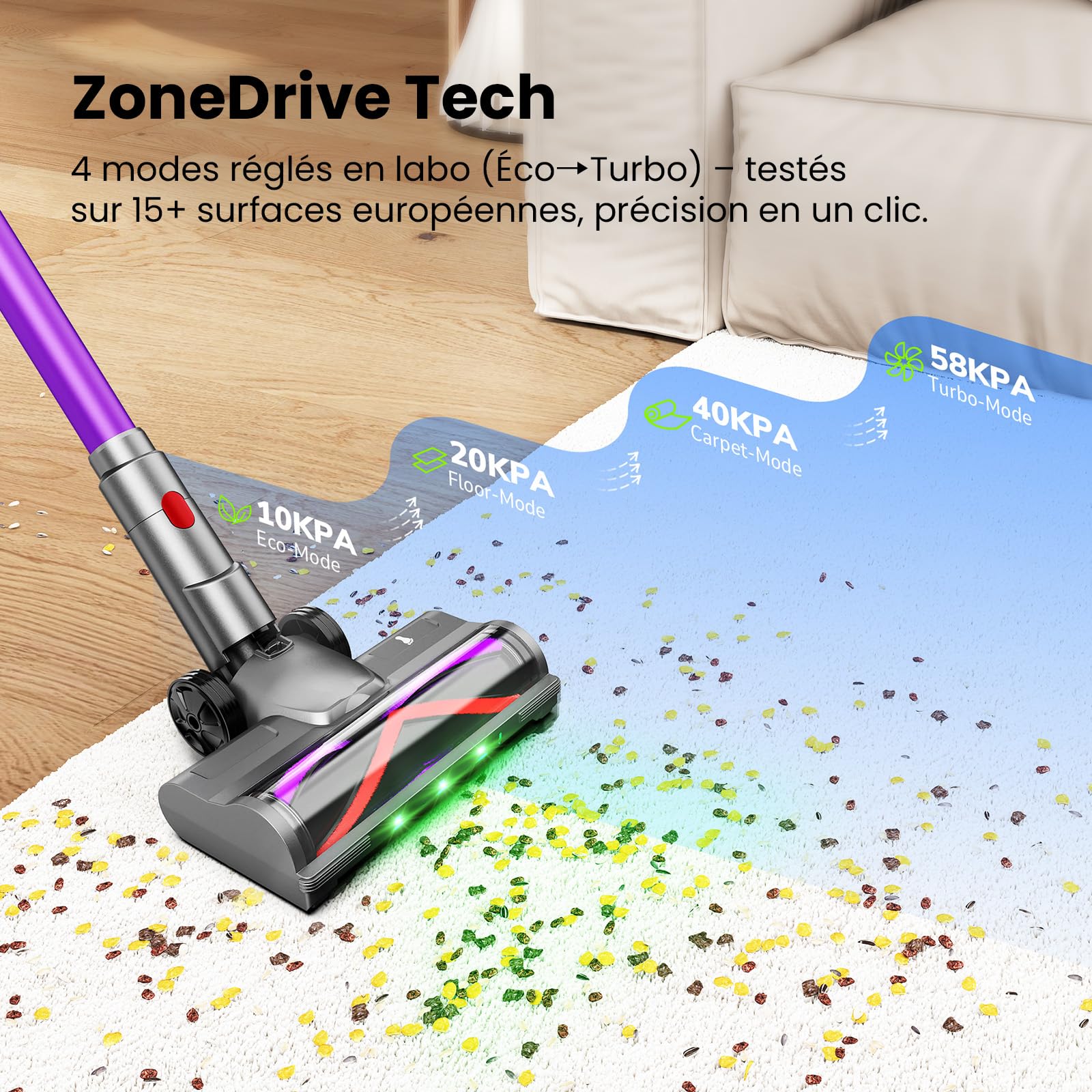 Aspirateur Balai sans Fil 600W/58000Pa/75min, Aspirateur sans Fil Puissant avec Écran LED Intelligent, Brosse Anti-emmêlement, Station de Charge, pour Tapis, Sols Durs, Poils d'animaux