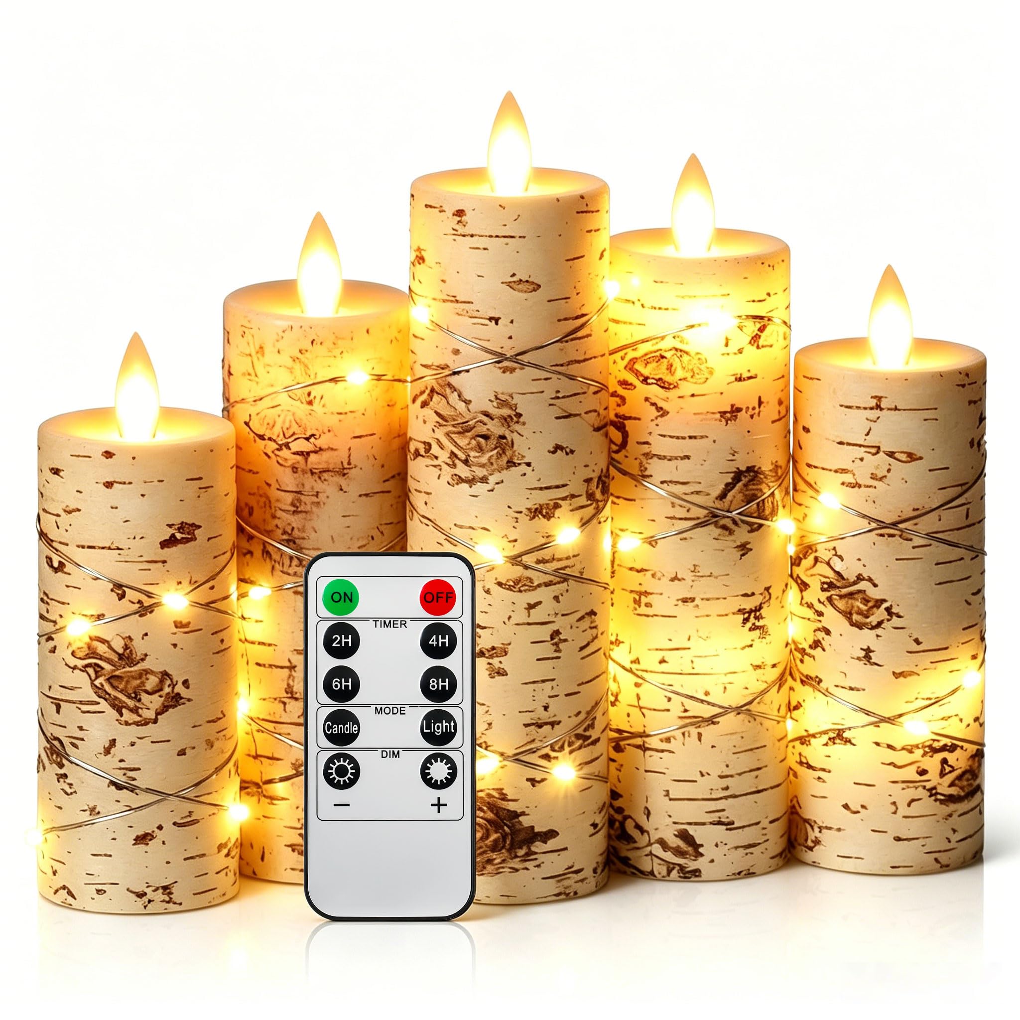 5 Pack Birch Pattern Flameless LED Candles with Fairy Lights, Realistic Moving Flame Paraffin Wax Candles, Soft Warm Light, Remote Control, 5.5cm D x 14/15/18/20/22cm H, Indoor Home Wedding Decor โ image 1