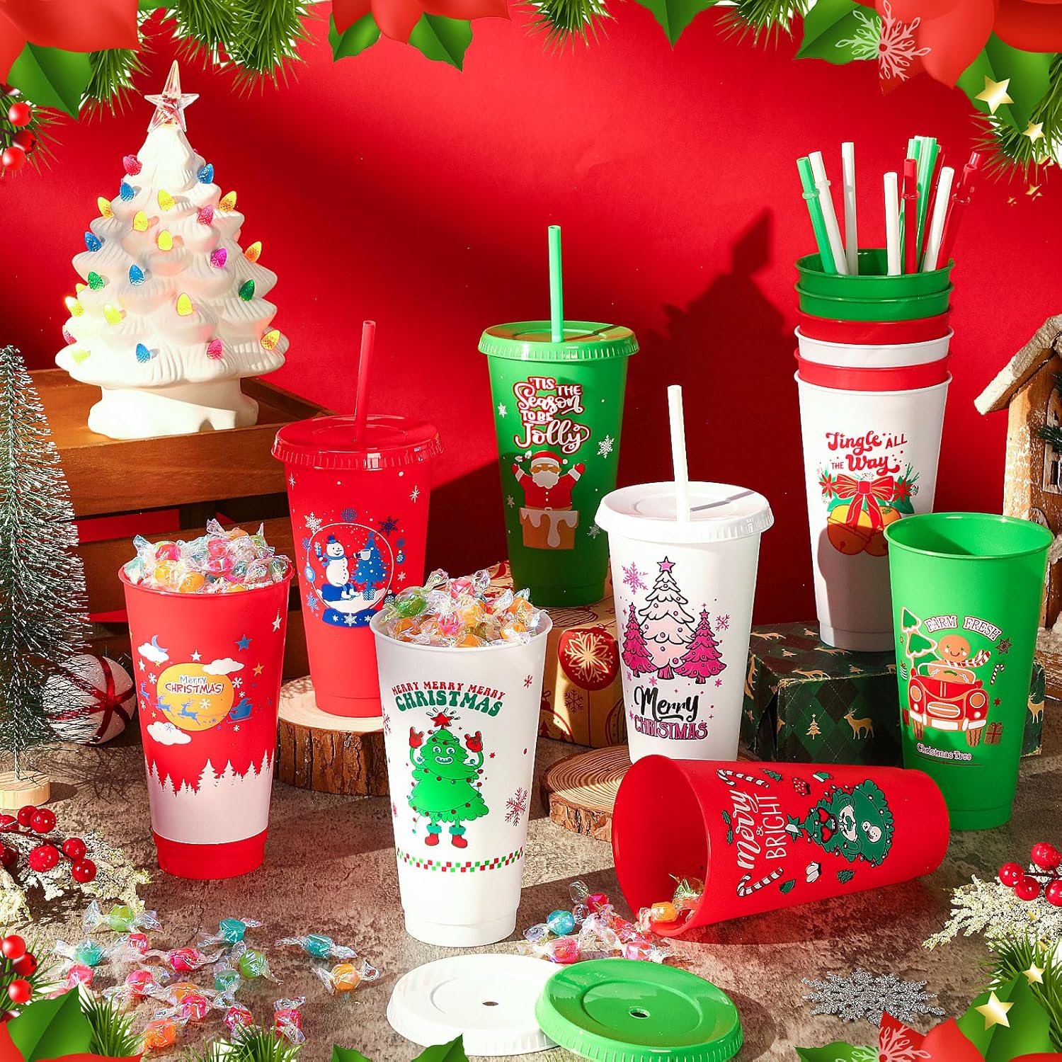 Skylety 24 Pcs Christmas Cups with Lids and Straws Bulk, 24 oz Reusable Plastic Christmas Tumblers Xmas Drinking Coffee Cups for Holiday Party Supplies and Home Office Gift - Image 2